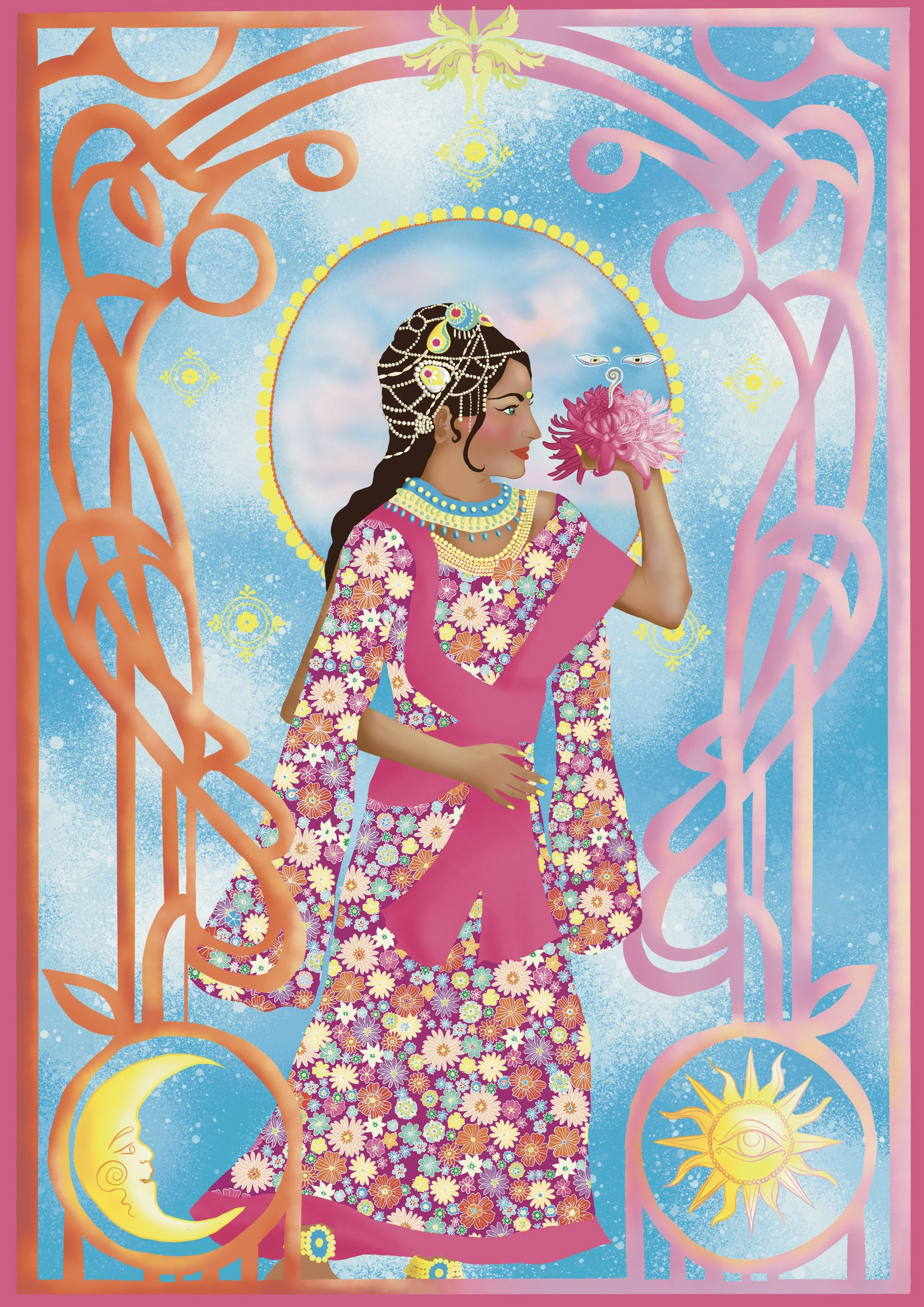 A woman with dark hair styled in braids decorated with pearls and flowers, wearing a pink saree with a floral pattern, holding a pink flower in her hand, standing against a blue sky background, surrounded by celestial symbols including a crescent moo