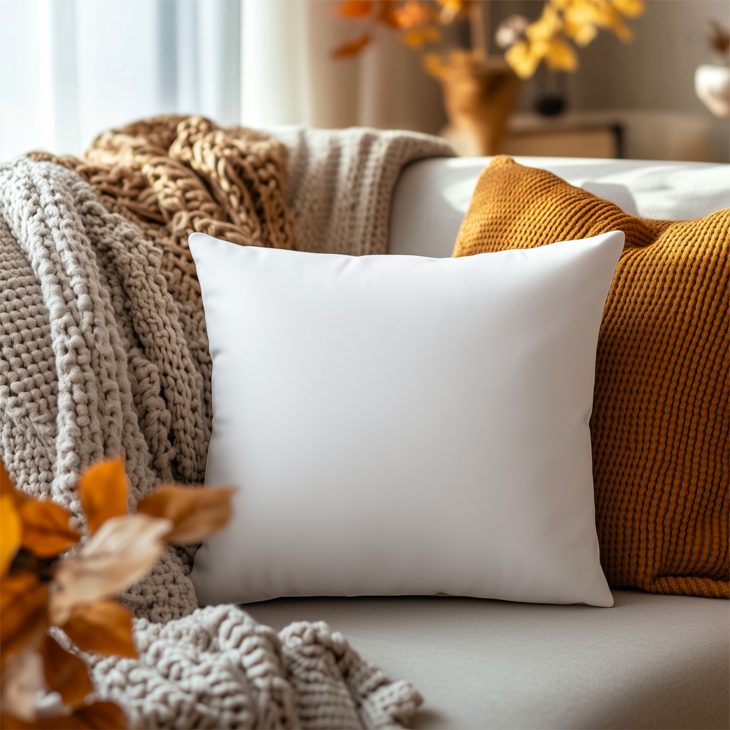 Close-up of a cozy living room corner with a white pillow, mustard-colored knitted throw blanket, a chunky beige knit blanket, and a bouquet of orange flowers in the foreground. In the background, a vase with yellow flowers is on a table near a window with curtains.