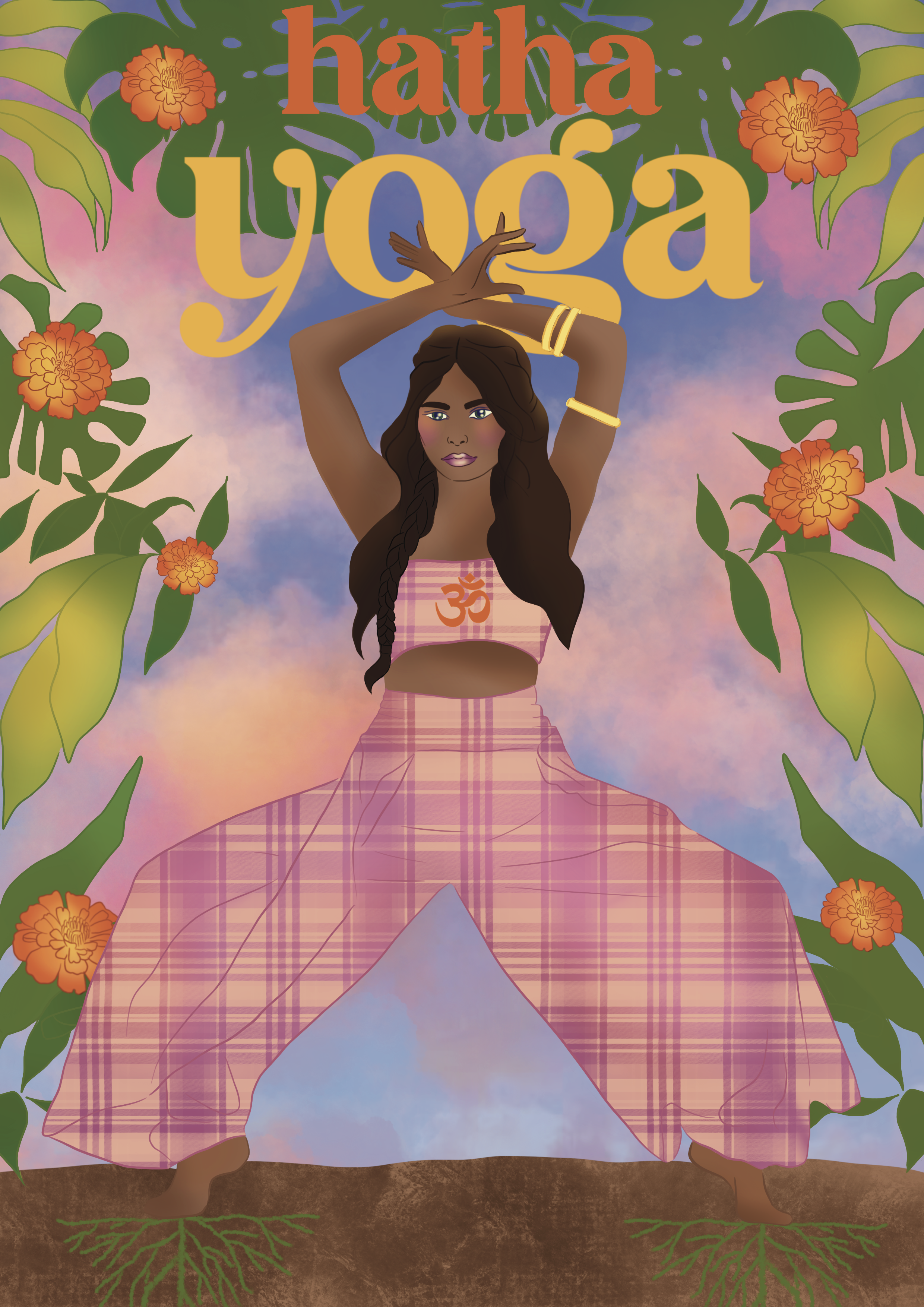 A woman with dark hair, wearing gold jewelry and a pink checkered outfit, is sitting with her arms raised above her head. She is surrounded by large green leaves and vibrant orange flowers. The background shows a sky with pink and purple hues, and th