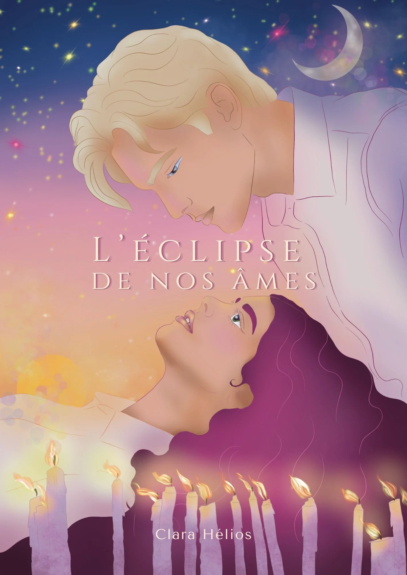 Illustration of a boy and girl looking at each other with candles and falling leaves in the background, under a night sky with stars and a crescent moon, captioned 'L'éclipse de nos âmes' by Clara Hélios.