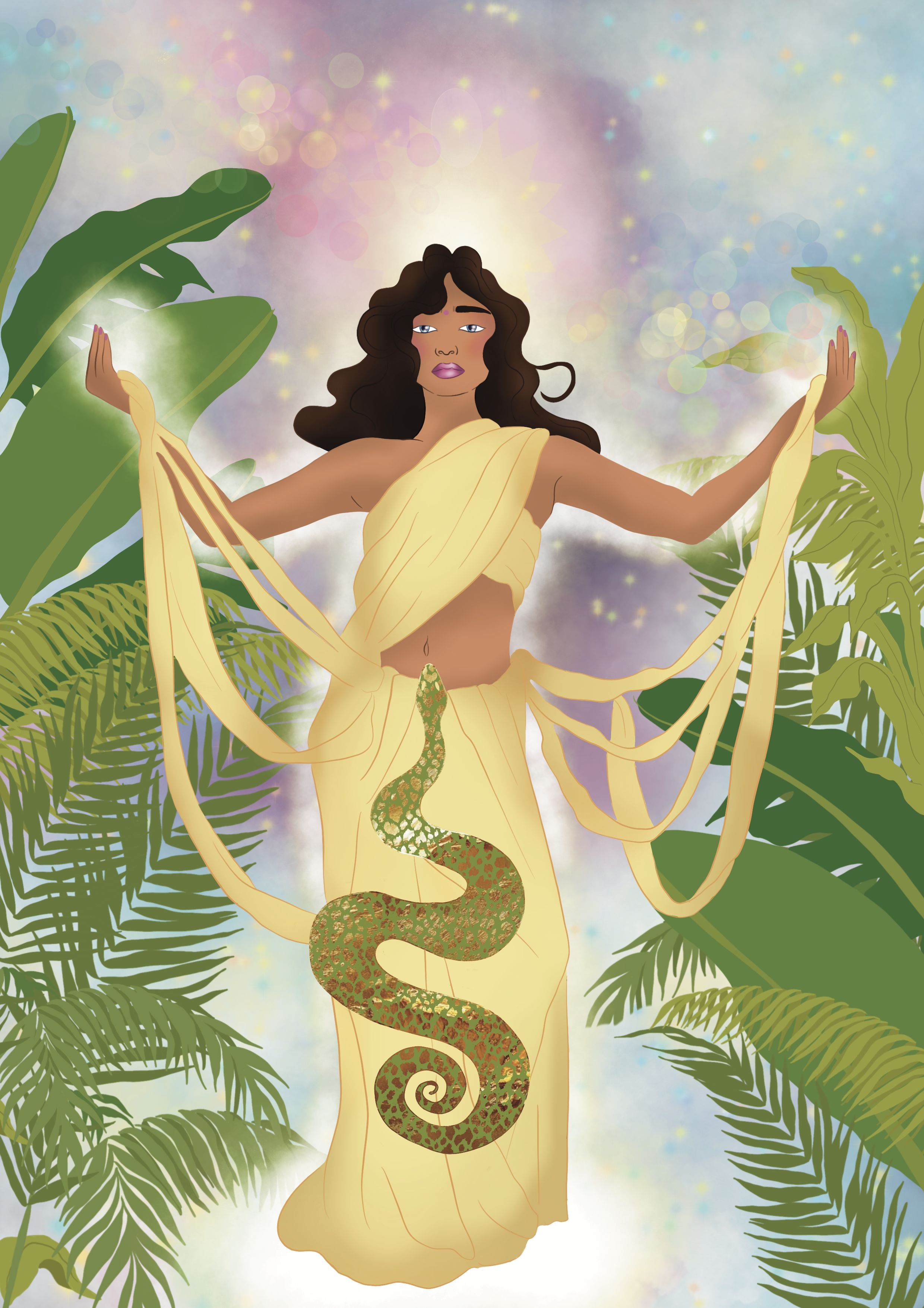 A digital illustration of a woman with long curly hair, wearing a yellow dress, with a green snake wrapped around her waist, set against a colorful and abstract background with large tropical leaves surrounding her.