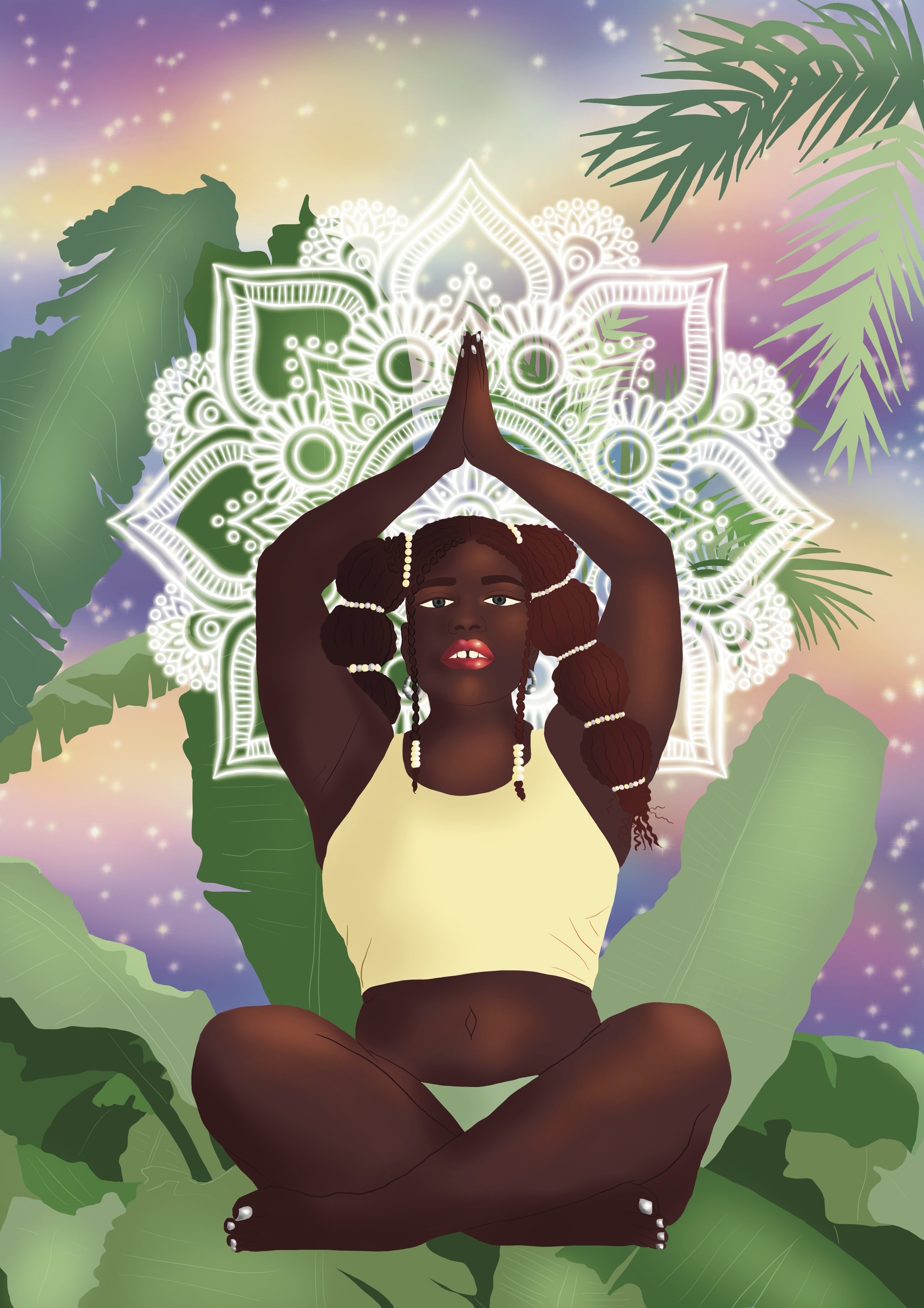A woman with dark skin and curly hair, adorned with pearls, sitting cross-legged with her hands pressed together above her head. The background features a vibrant, pastel-colored sky with stars and swirling patterns, surrounded by large green leaves 