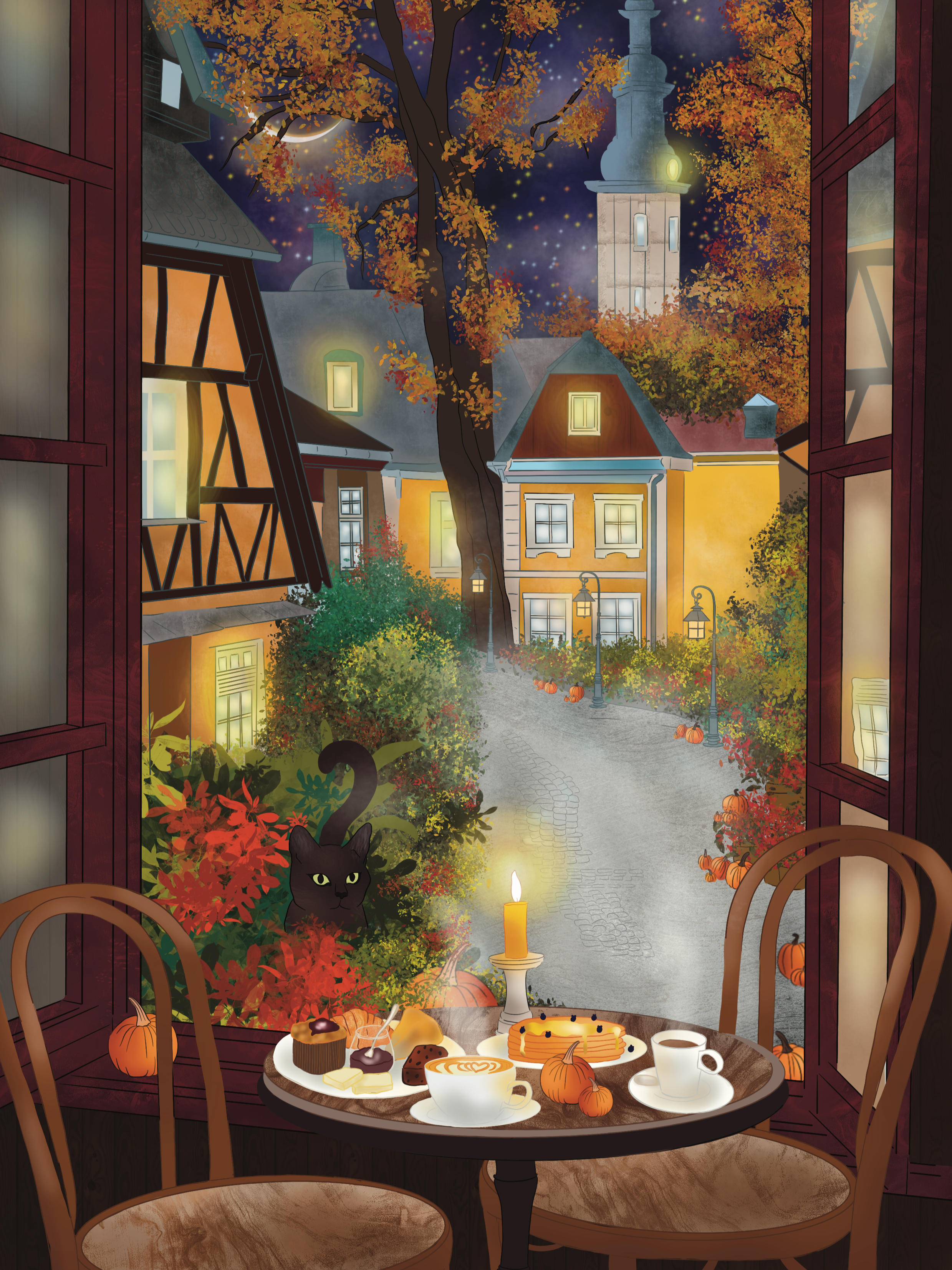 A cozy indoor scene with a round wooden table set for dessert, surrounded by chairs, and a window opening to a street decorated for fall with pumpkins, autumn foliage, and a lit candle. Outside, a tree with orange leaves, a cobblestone path, and buildings under a starry night sky with a crescent moon are visible.