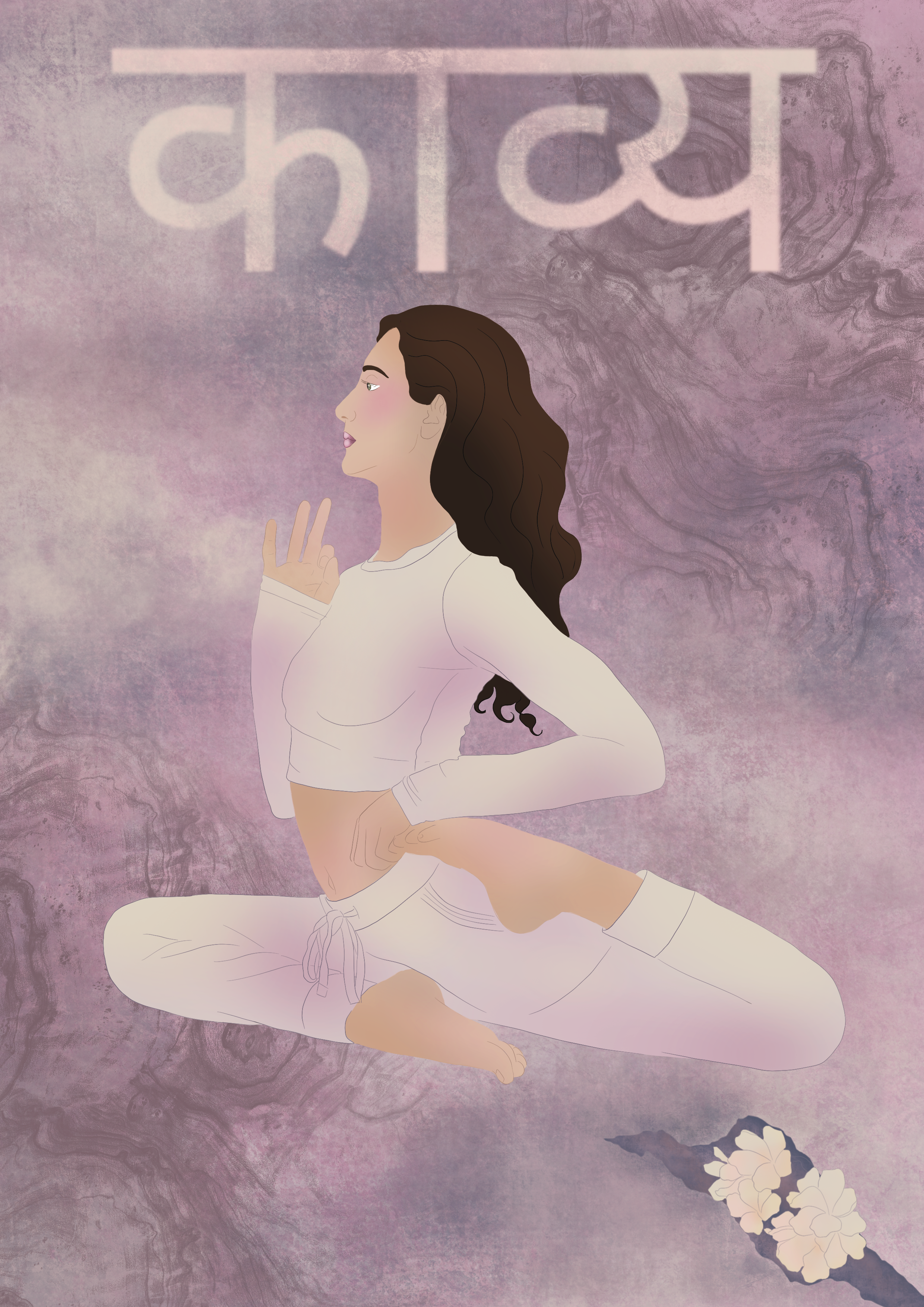 A digital illustration of a woman in a yoga pose, sitting cross-legged with one hand raised in a mudra. The background is textured in shades of purple and pink, with stylized flowers in the bottom right corner.