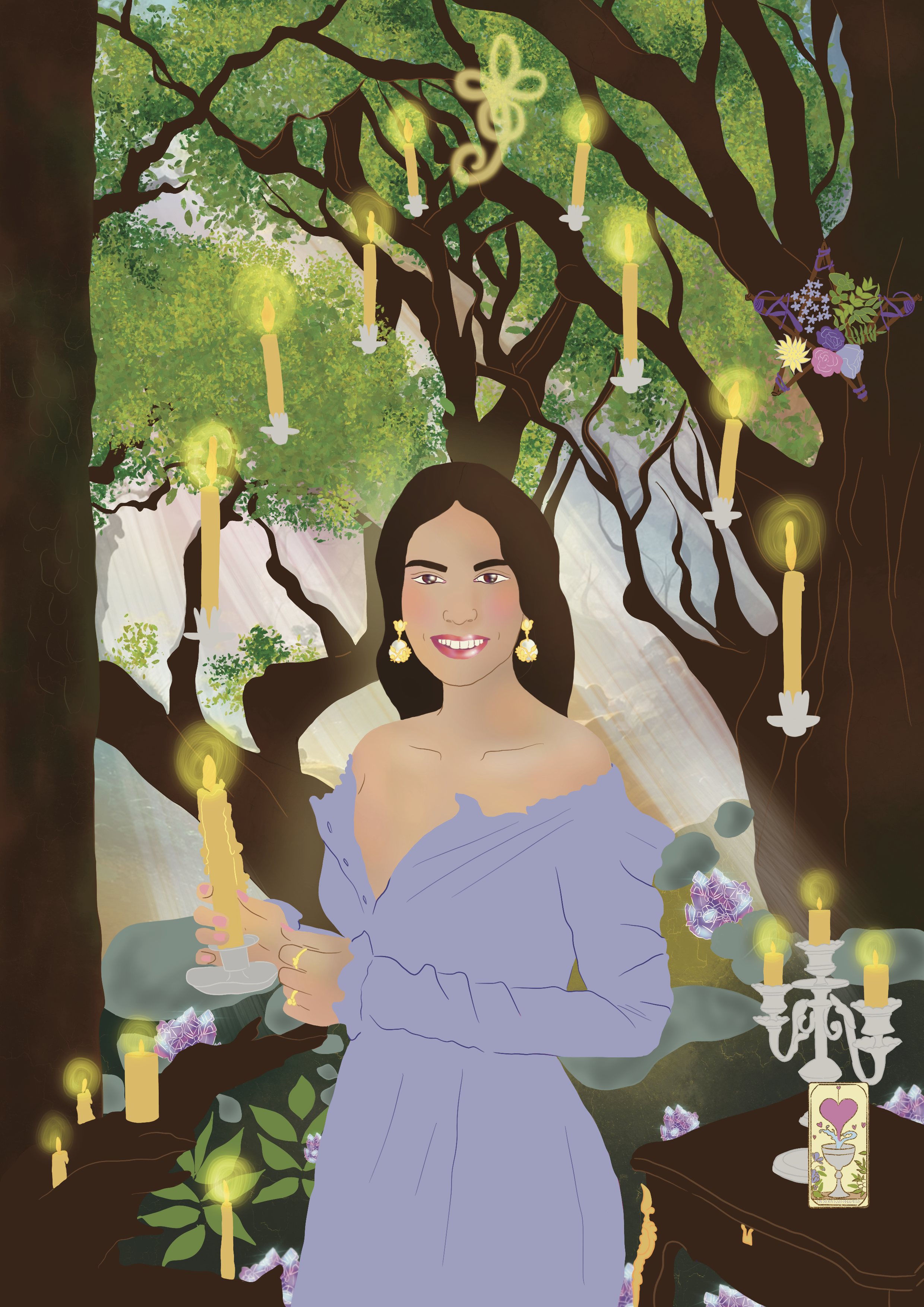 A woman with dark hair, wearing earrings and a lavender off-shoulder dress, holds a lit candle in a candelabra in a forest setting with numerous candles hanging from tree branches, surrounded by glowing flowers, crystals, and greenery.