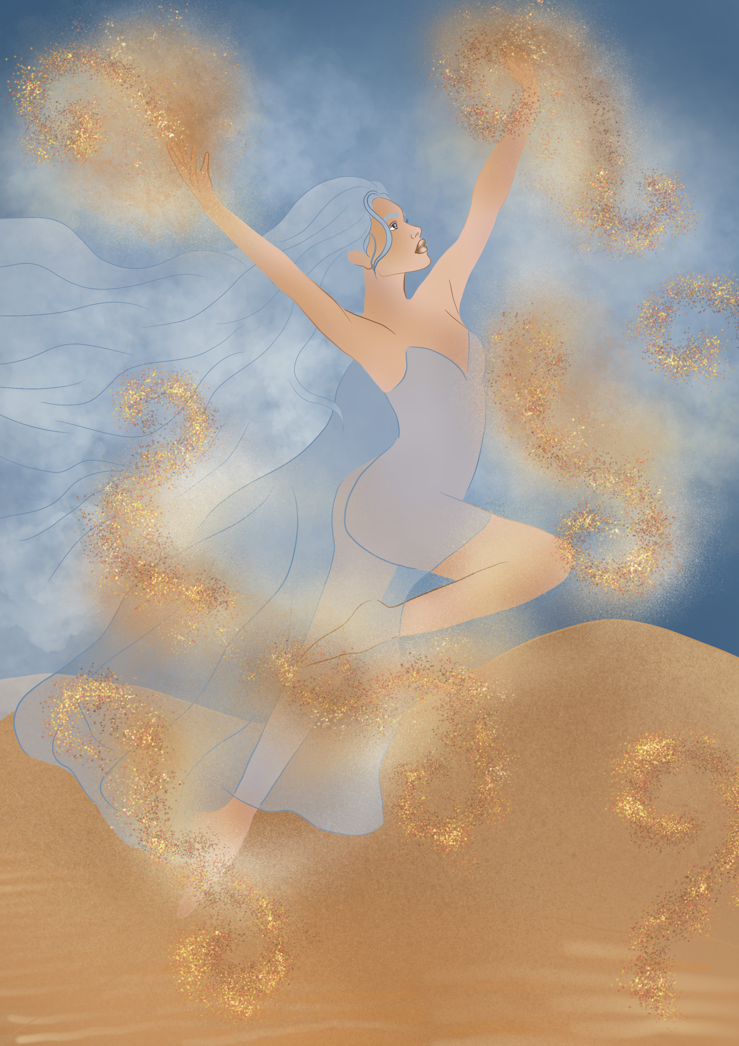 An animated woman with long blue hair, wearing a strapless dress, sitting on a sandy, desert-like surface, surrounded by glittering golden and orange particles, with a cloudy sky in the background, appearing to be performing a dance or expressive movement.