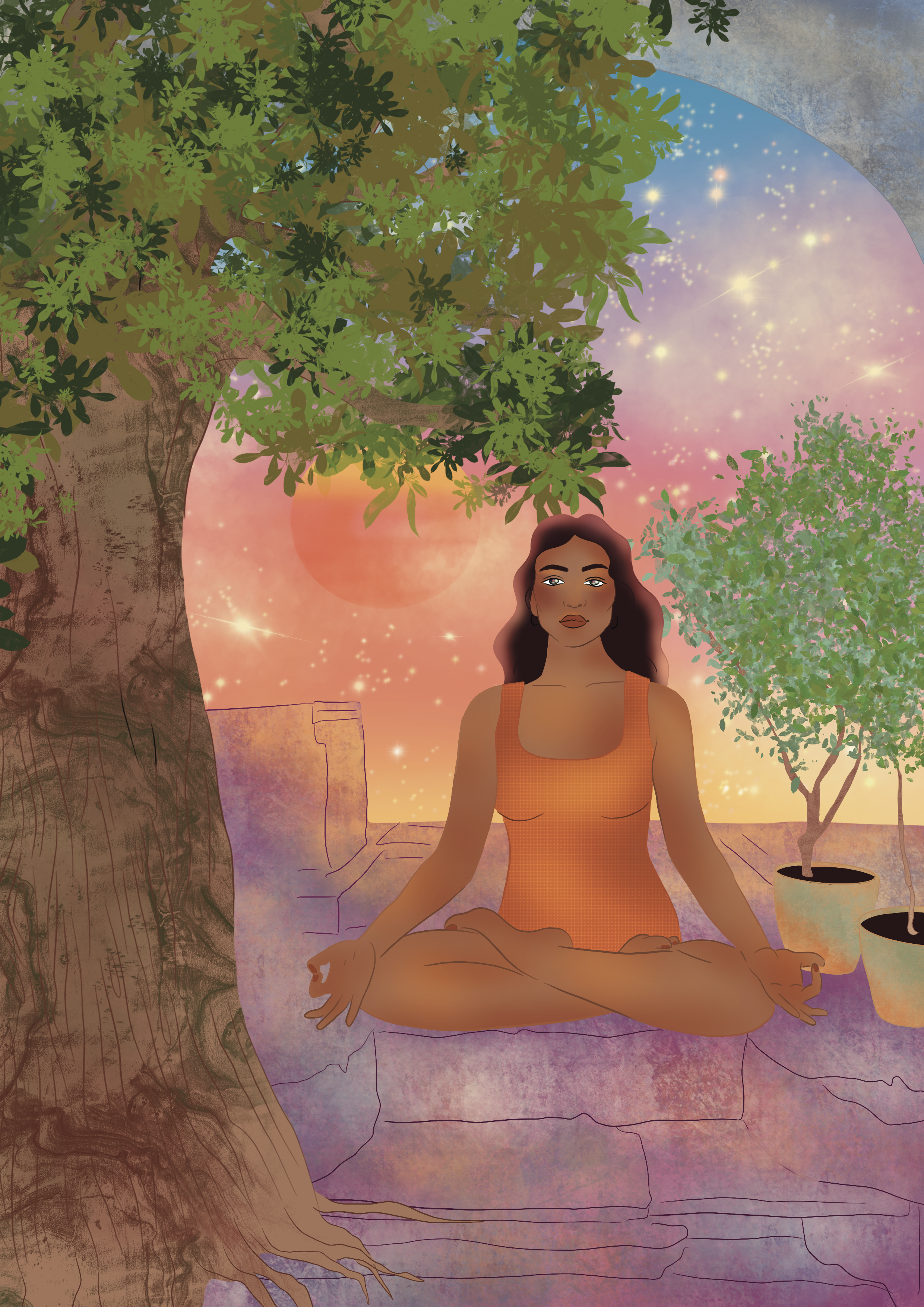 A woman with brown hair and tan skin practicing yoga outdoors under large trees during sunset. She is sitting cross-legged on a mat with her eyes closed, surrounded by potted plants and a tranquil atmosphere with a colorful sky filled with stars.
