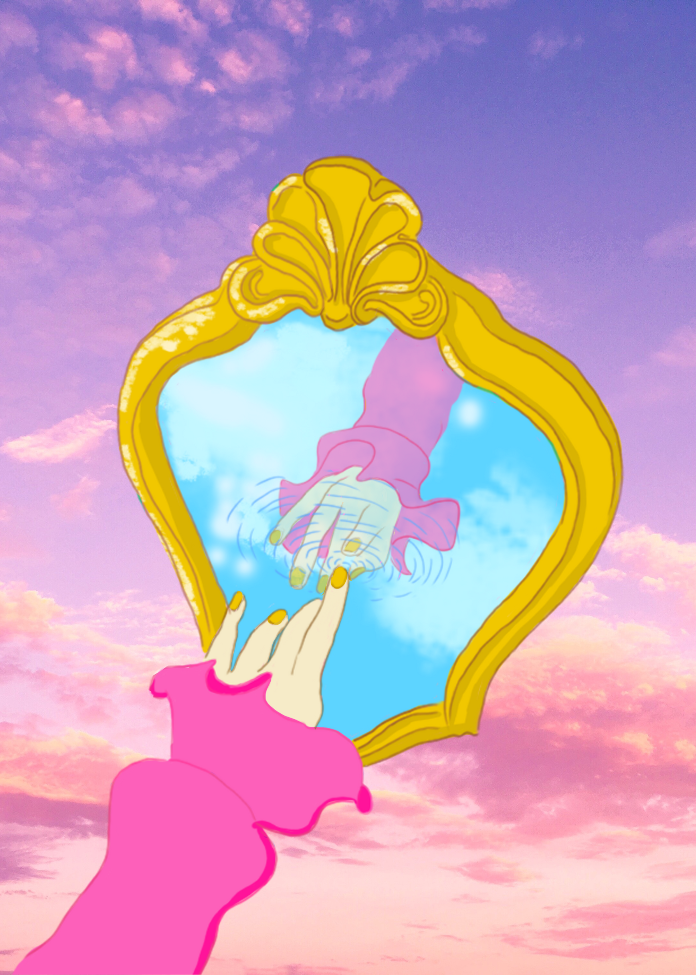 A hand with pink sleeves touching a mirror with gold framing, showing a reflection of a heart inside of a body, against a pink and purple sky background.