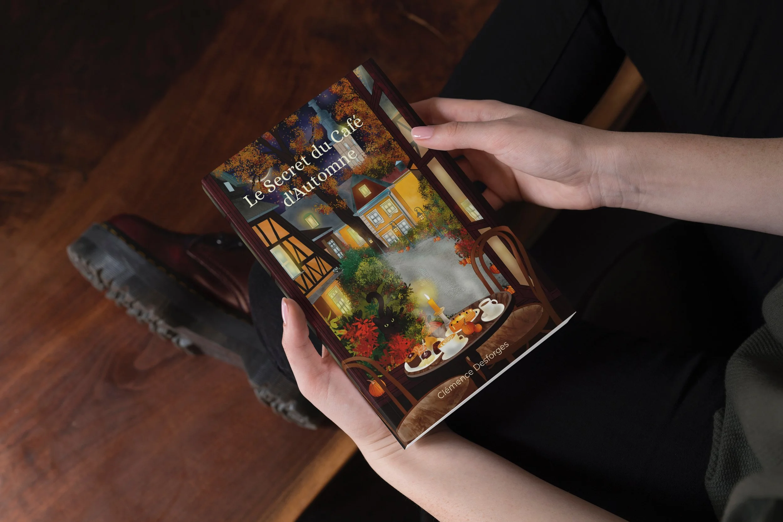 A person holding a colorful illustrated book titled 'Le Secret du Café d'Automne' with autumn-themed cover art featuring trees, houses, a black cat, and autumn decorations.
