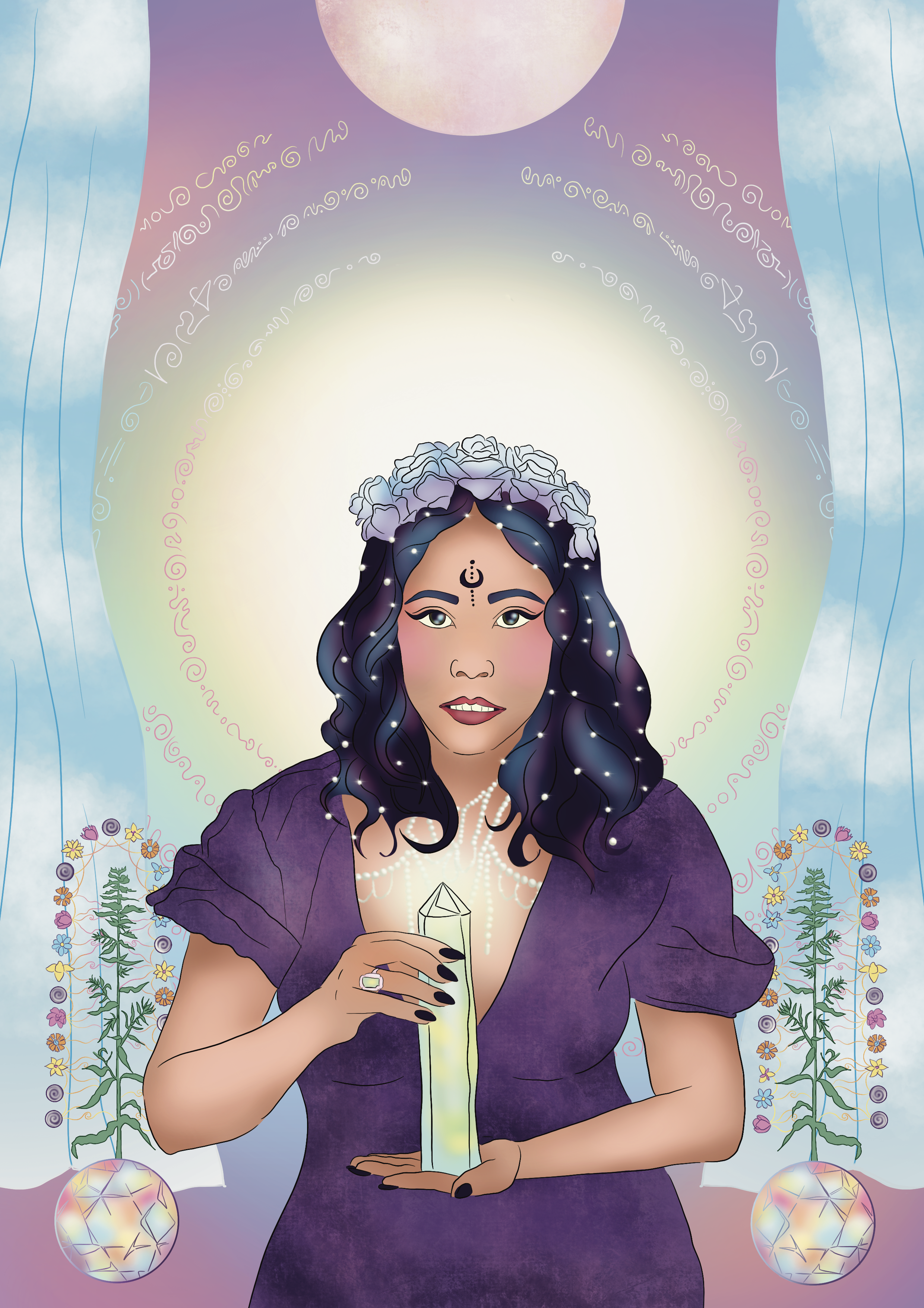 A woman with long dark hair adorned with a flower crown holds a glowing crystal in her hand. She has a circular symbolic mark on her forehead and another above her eyebrows. She wears a purple dress with puffy sleeves and a layered pearl necklace. Th