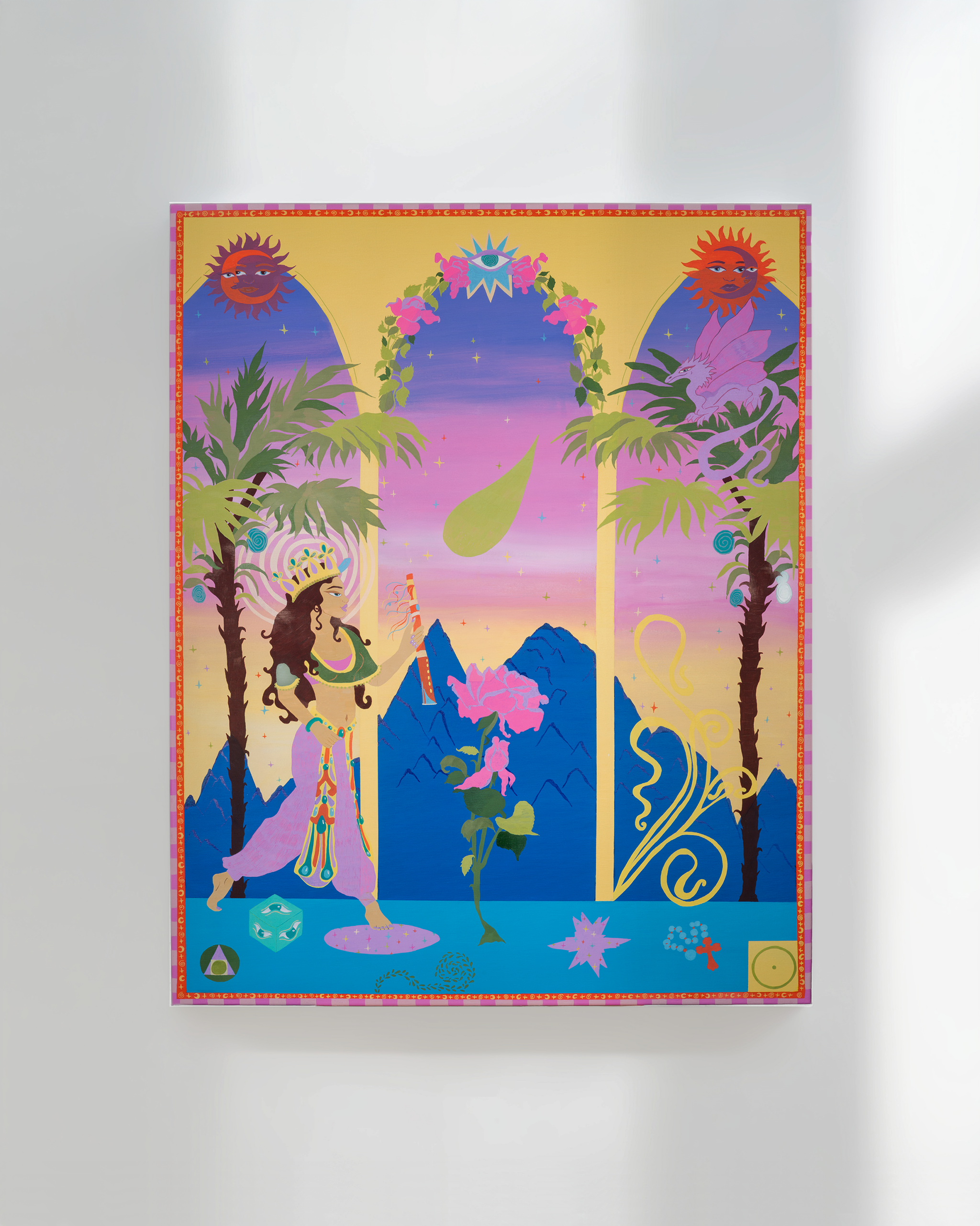 A colorful artwork with surreal elements featuring two sun faces, a woman with long dark hair and a peacock feather necklace, various plants, mountains, symbols, and mystical motifs in vibrant colors.