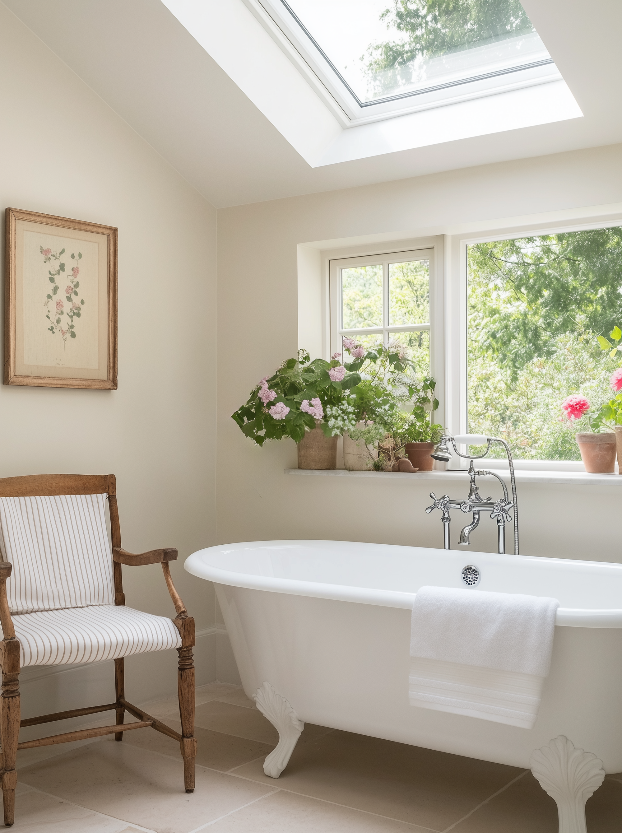 A bathroom with a freestanding white clawfoot bathtub beneath a large window showing greenery outside, a wooden armchair with a striped cushion, a framed botanical print on the wall, and potted plants on the windowsill, with natural light streaming in.