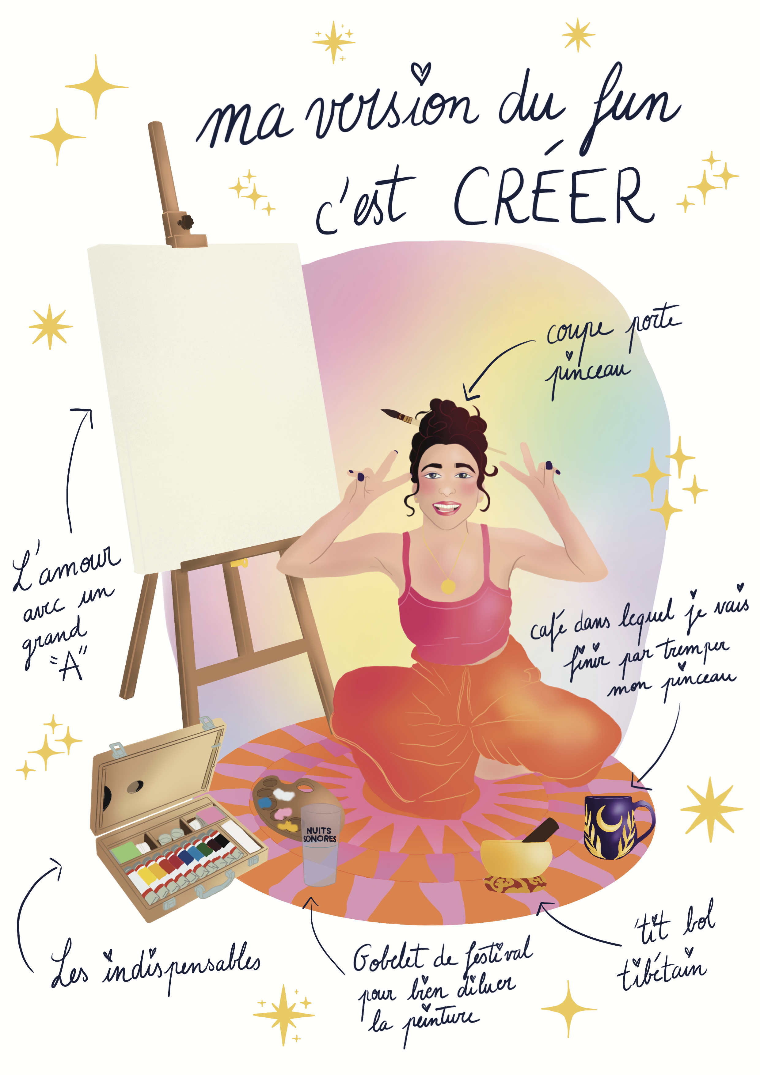 A woman with dark hair styled in a bun, sitting cross-legged on a colorful, circular rug, painting her face with a brush. Surrounding her are painting supplies, a palette, a box of paints, a cup labeled "nuits sonores," a yellow bowl, a coffee mug wi