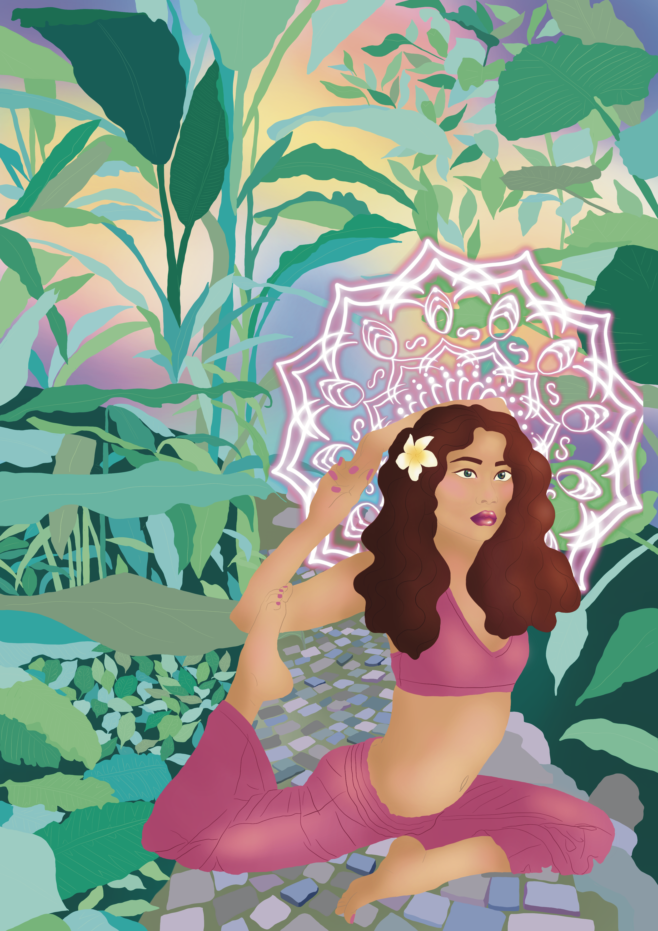 An illustration of a woman with long, curly brown hair, wearing a pink crop top and matching pink pants, sitting on a cobblestone path in a lush, green jungle. She is holding a glowing, intricate, pink and white geometric design above her head and ha
