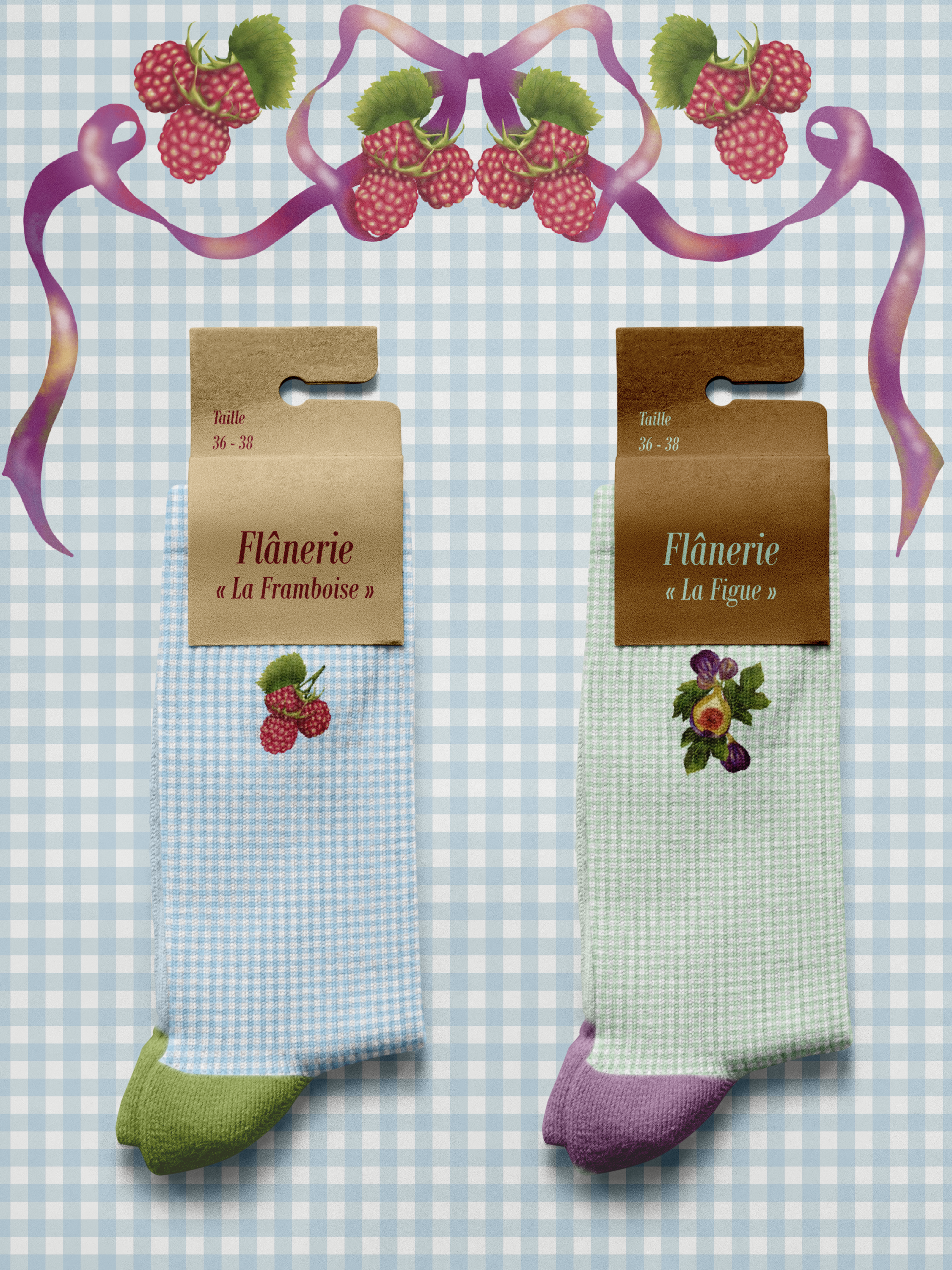 Two pairs of cartoon whale patterned socks with tag labels reading 'Sock Mockups' and 'Size 36-42', made in Poland, the left pair is blue with white whales, and the right pair is light blue with darker blue whales.