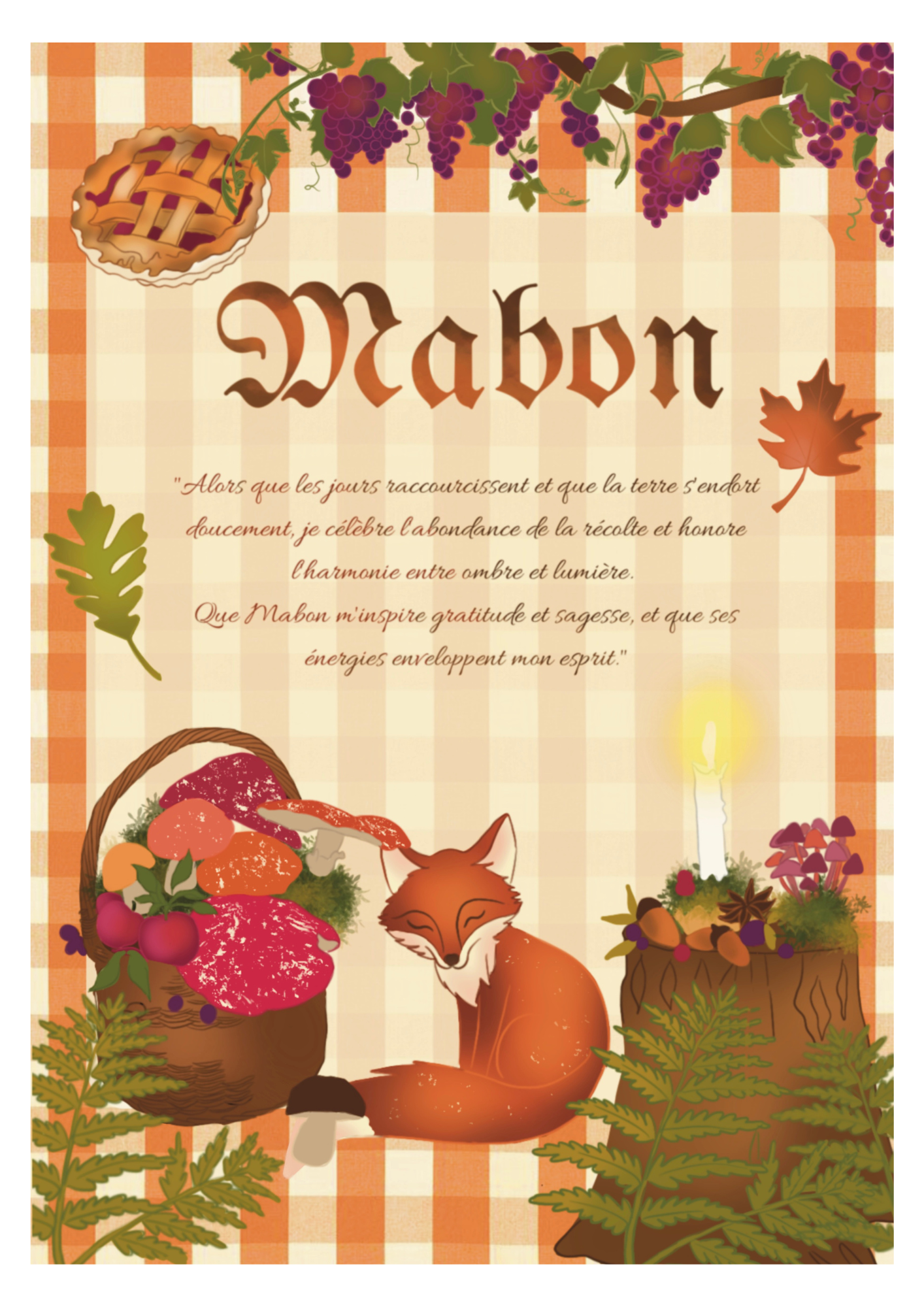 Autumn Thanksgiving celebration scene featuring a turkey, grapes, berries, mushrooms, ivy leaves, a lit candle, and a fox, all on a checkered tablecloth.