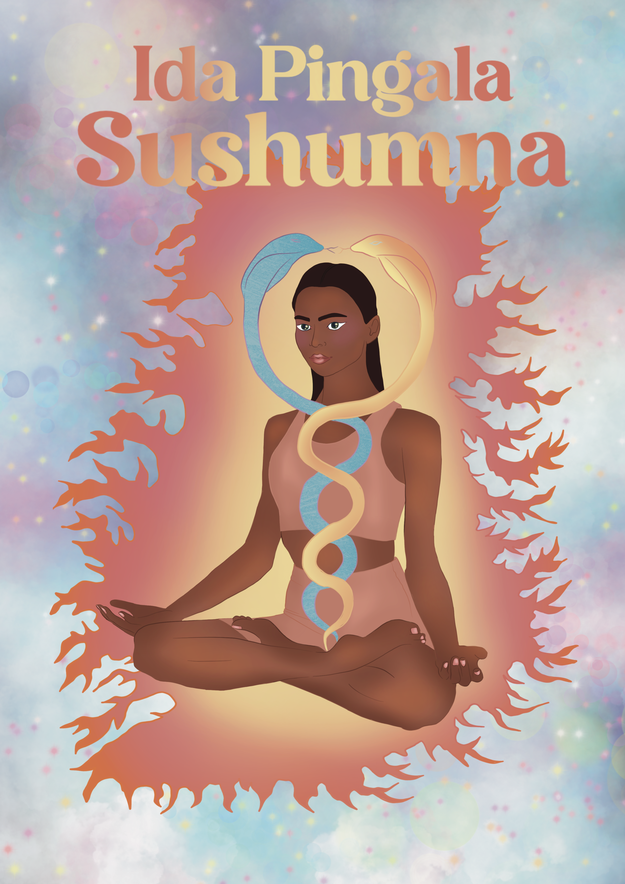 A woman with dark skin, long dark hair, sitting in a lotus position with crossed legs. She is surrounded by a halo of warm colors, and a snake coiled around her neck and shoulders. The background is a dreamy pastel sky with scattered light circles. T
