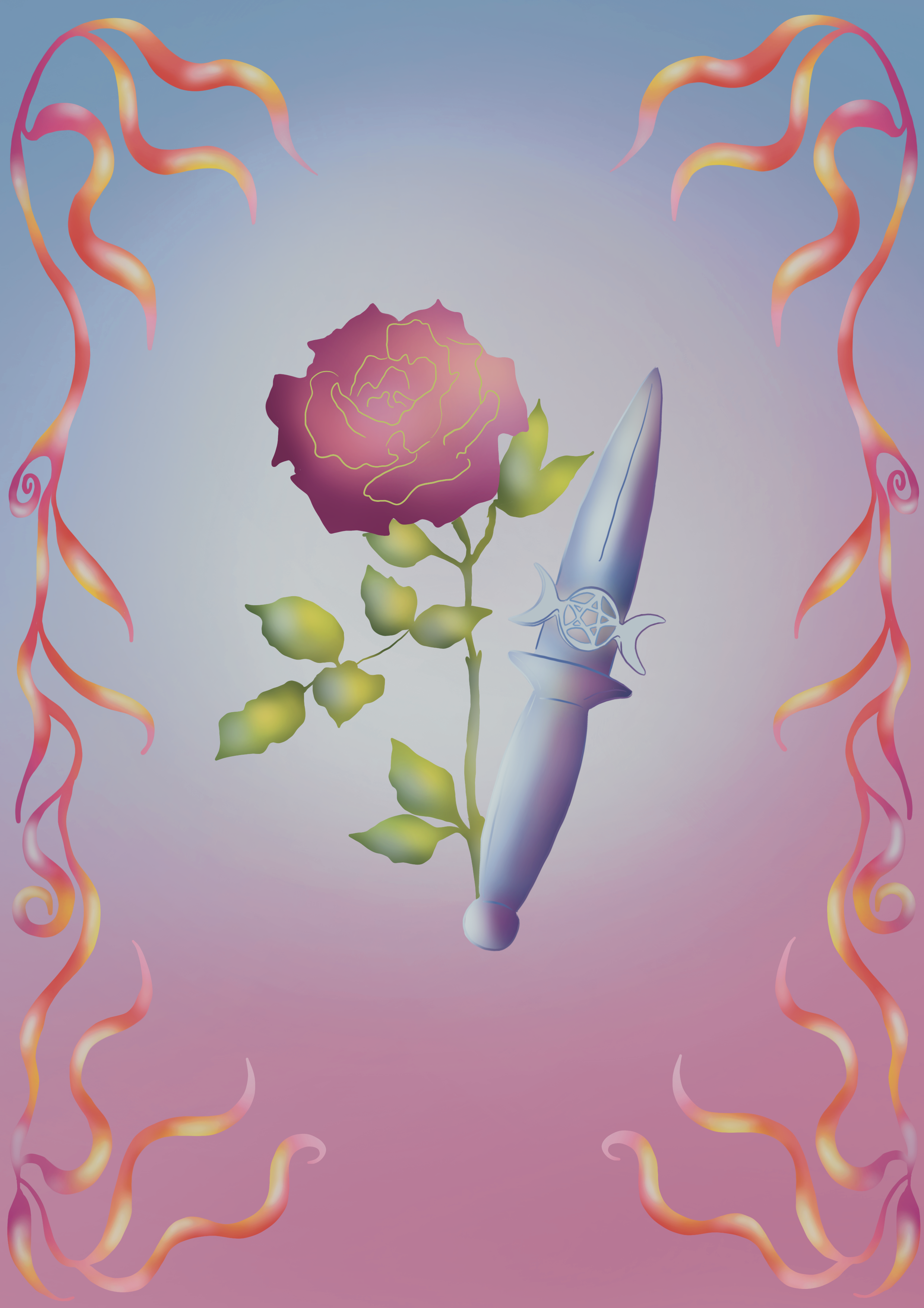 A digital drawing of a pink and purple rose with green leaves, a blue-bladed dagger with a pentagram engraving on its guard, set against a gradient background with pink and orange tendrils framing the edges.