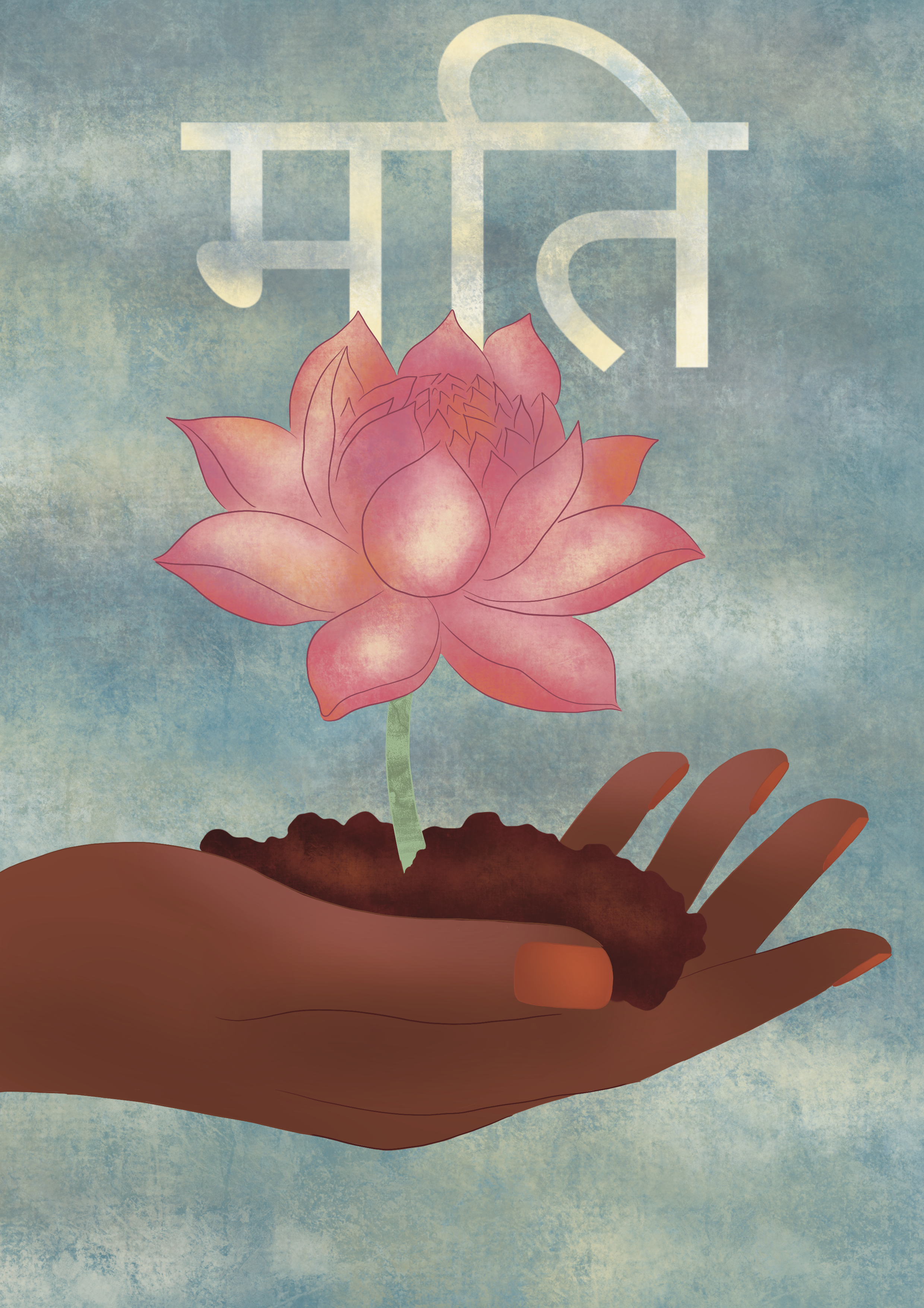 A hand holding soil with a blooming pink lotus flower and a stylized lotus symbol in the background.