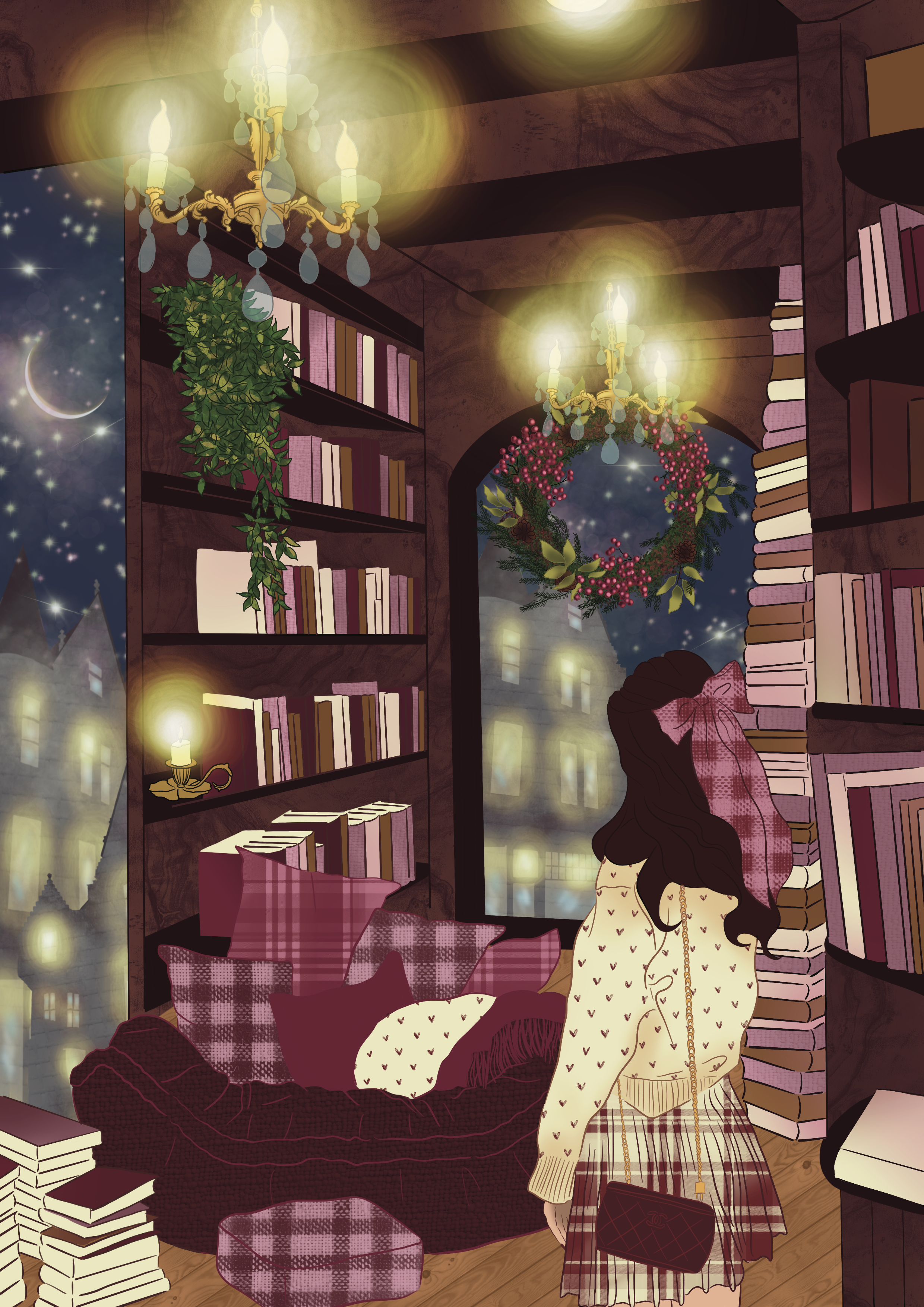 A girl with dark hair wearing a cream-colored sweater with small hearts, a plaid skirt, and a pink purse stands in a cozy, decorated room with bookshelves, candles, and Christmas wreaths, looking out a large window at a starry night sky with a cresce