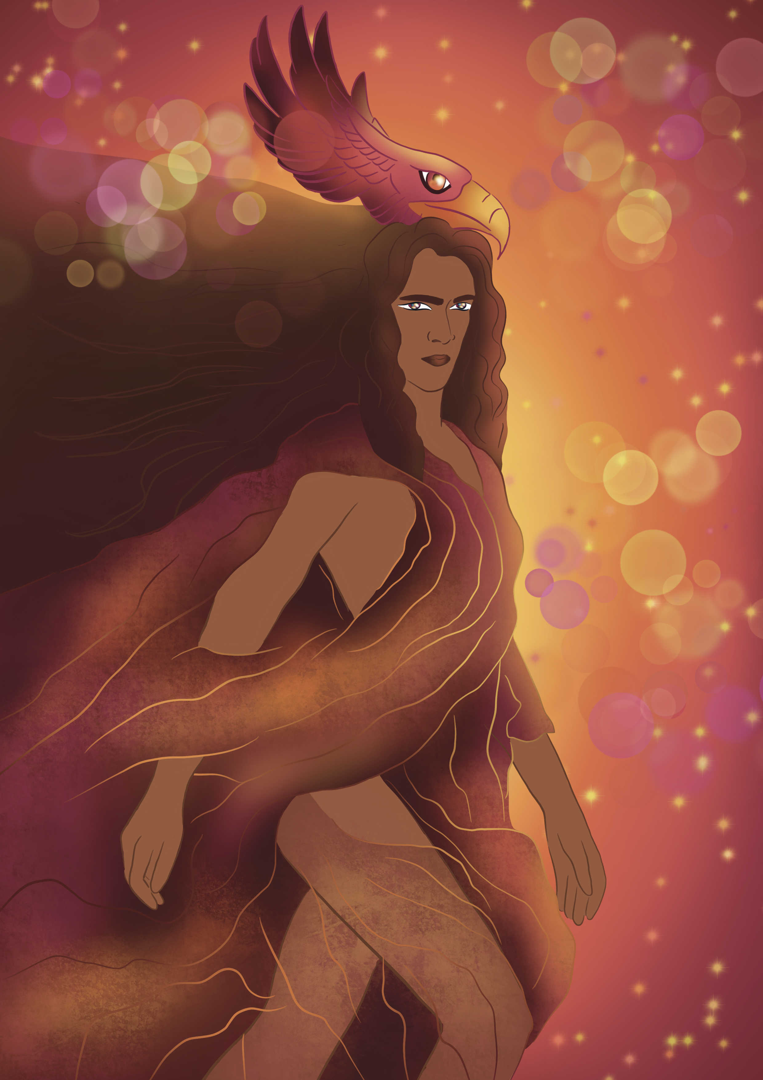 Digital illustration of a woman with long flowing hair, a large bird-like headdress featuring an eagle's head, set against a colorful, glowing background with bokeh light effects.