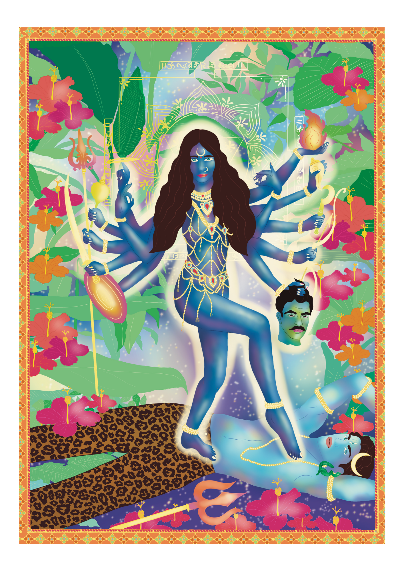 Hindu goddess Durga with multiple arms, holding various symbolic objects, surrounded by vibrant flowers, leaves, and a patterned background, depicted in a colorful and detailed artistic style.