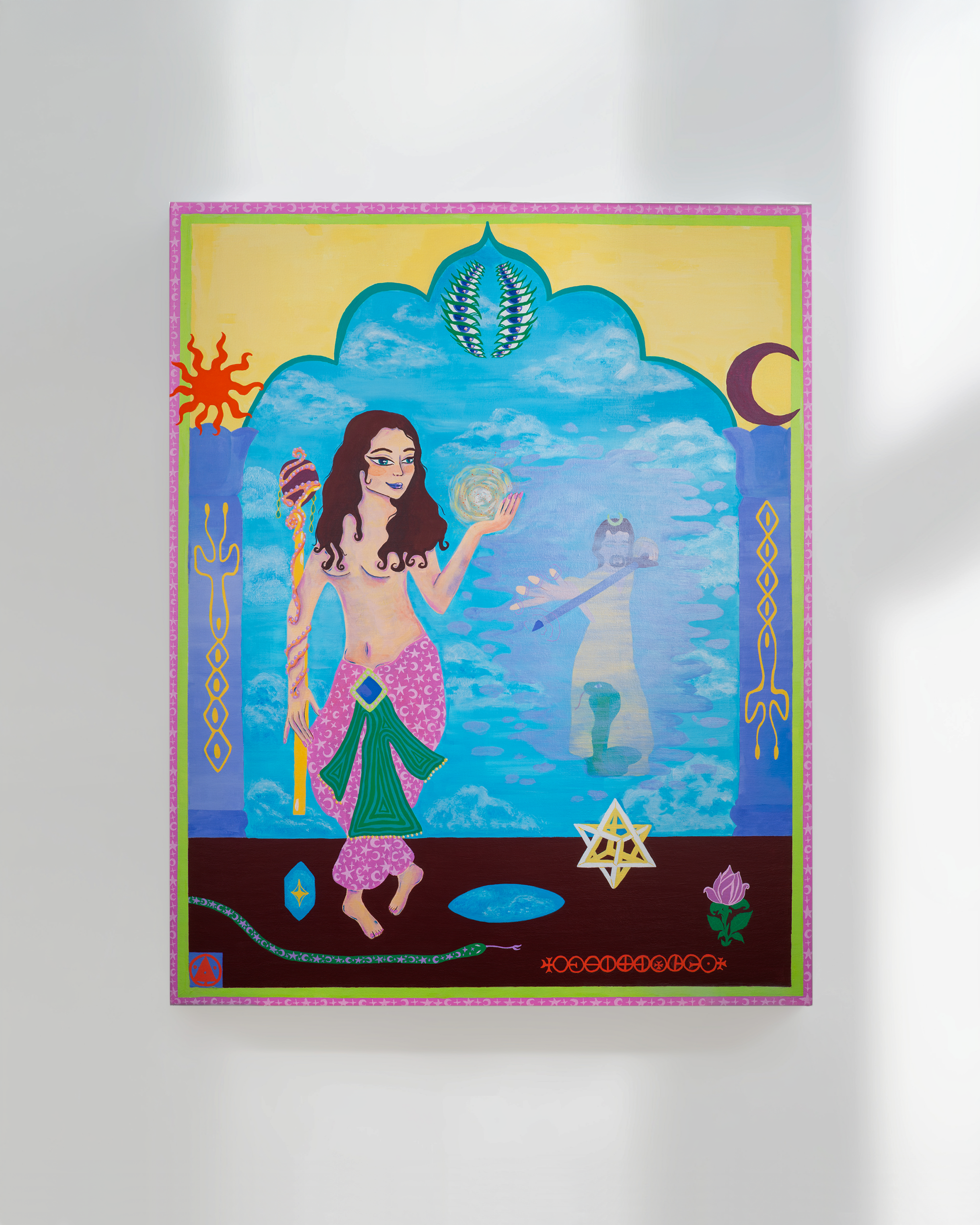 Colorful painting of a woman with long dark hair, standing on her toes with one arm raised, inside a decorative frame with symbols and elements like a sun, moon, lotus flower, and star, set against a bright background.