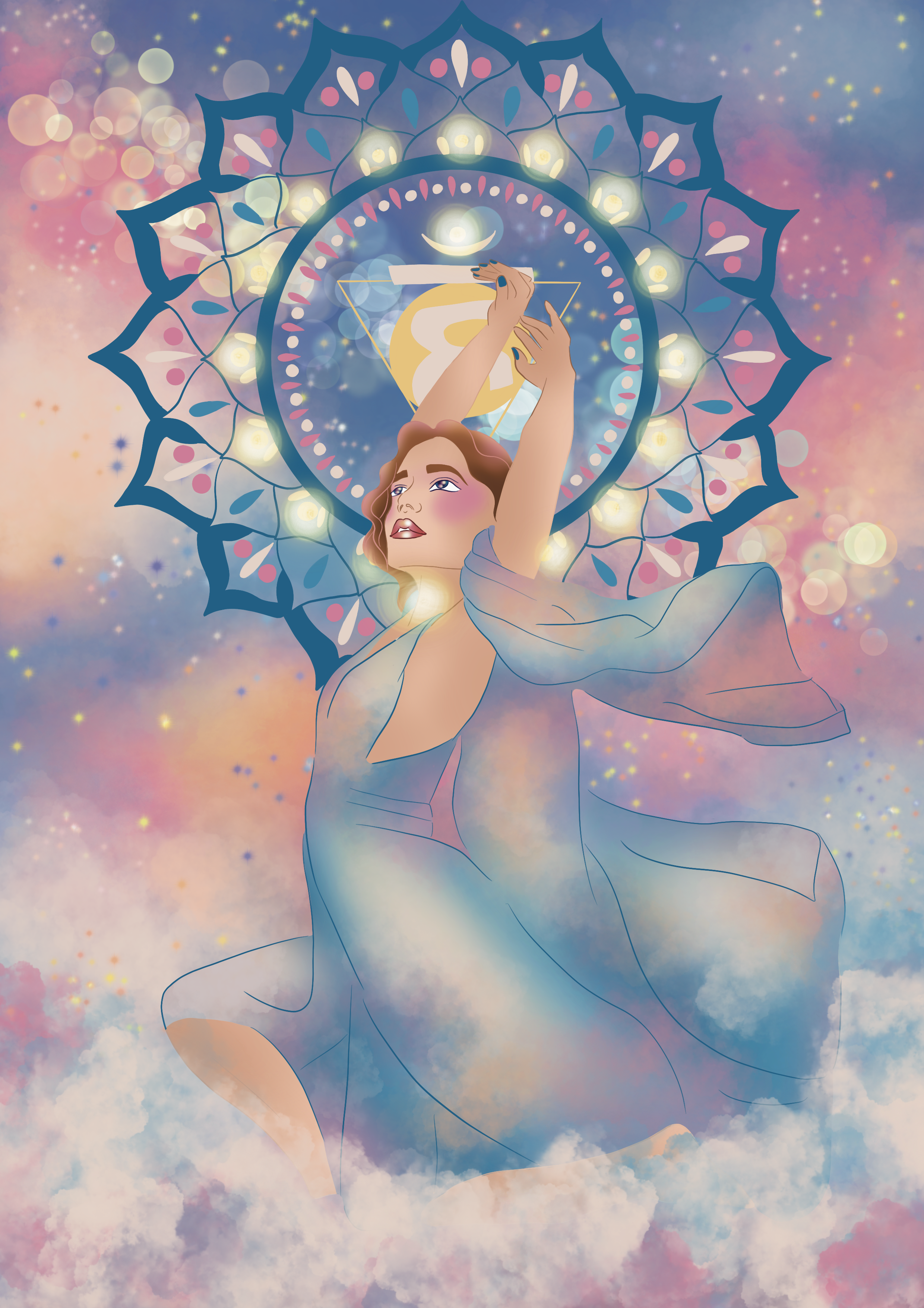 An abstract digital illustration of a woman with wavy hair, reaching upward with her hands, amid a dreamy, colorful sky with clouds and starry lights, featuring a circular, mandala-like design and celestial elements.