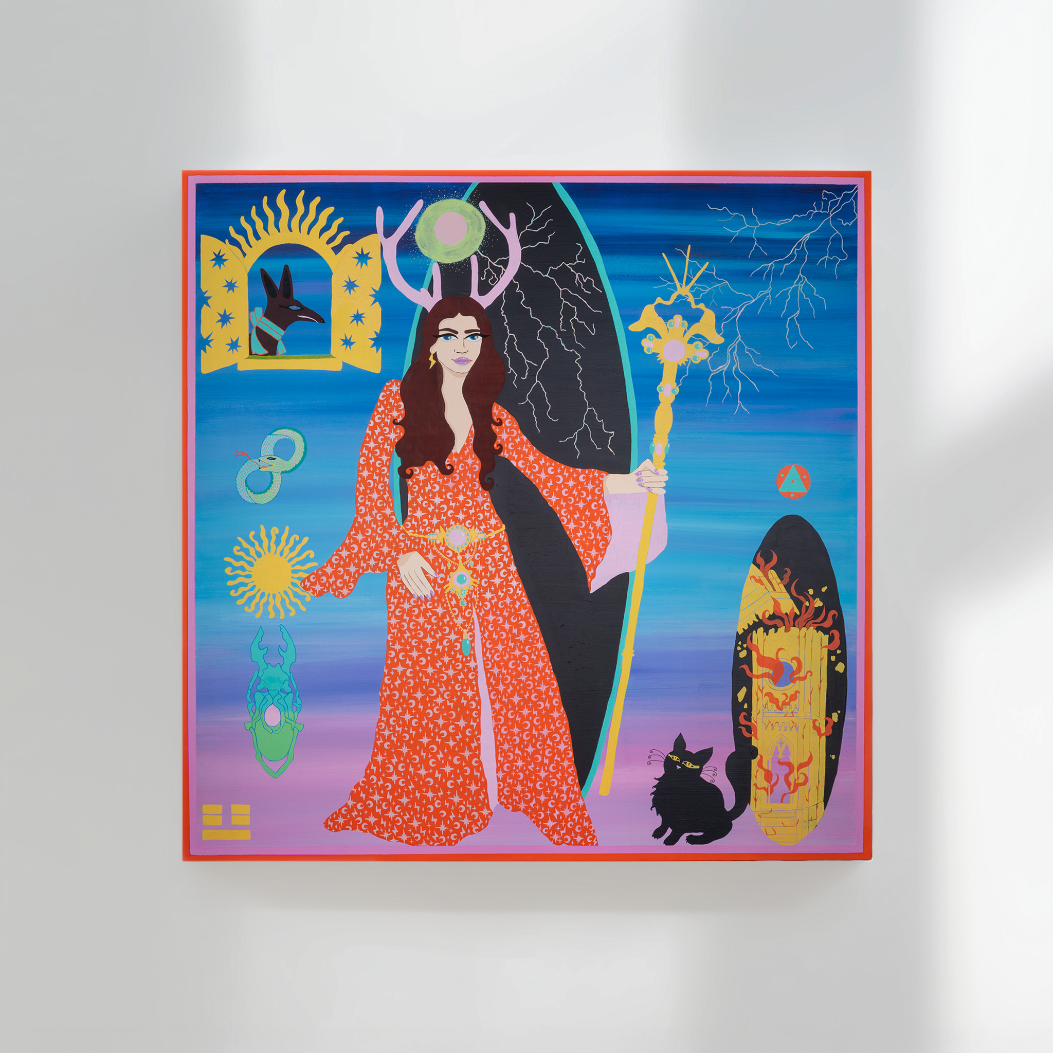 Colorful modern artwork featuring a woman with long brown hair, wearing a red patterned dress, holding a yellow staff with a circular ornament at the top. The background contains various symbols, lightning bolts, and abstract designs.