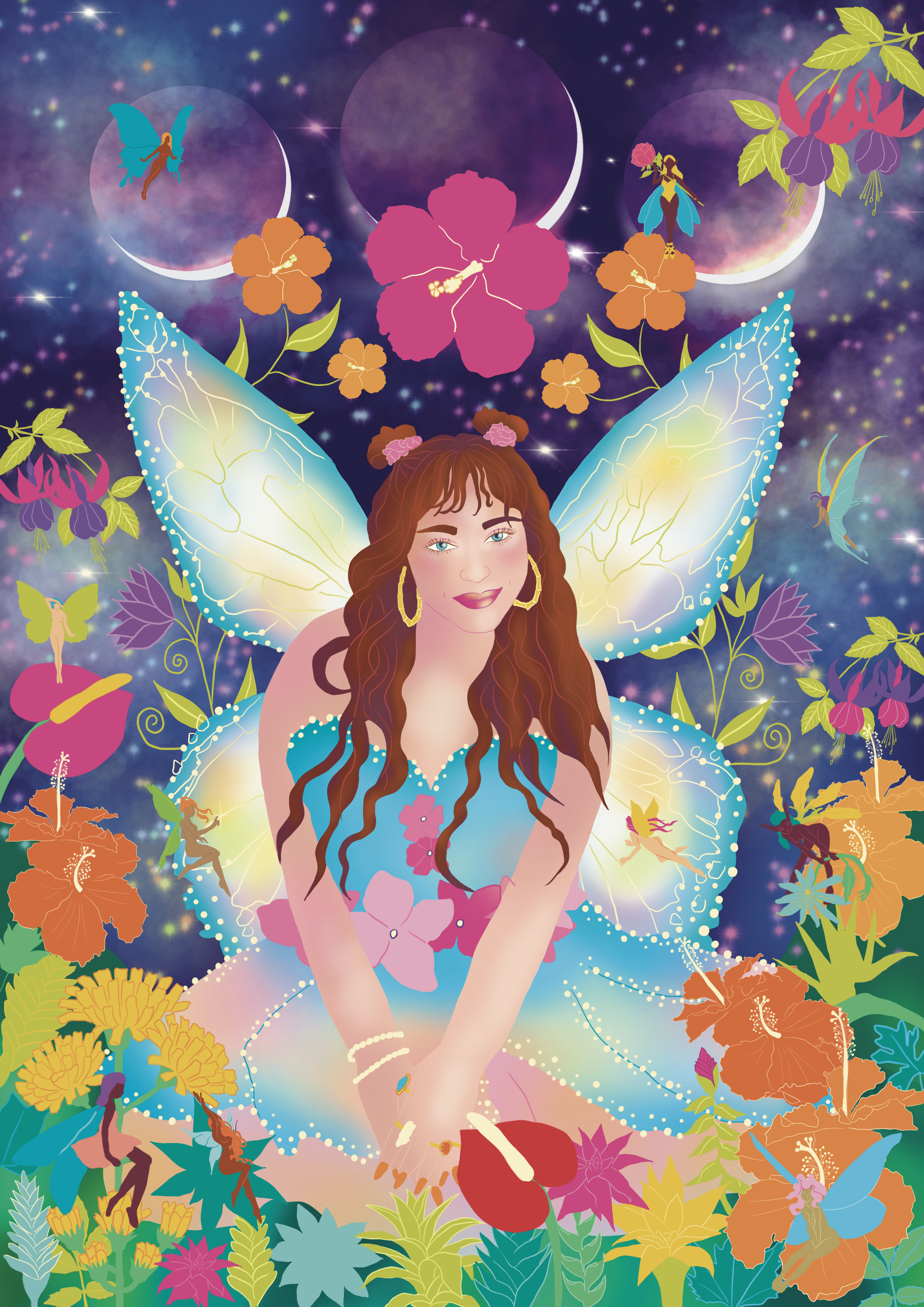 A fantasy illustration of a girl with fairy wings, long curly brown hair, and a floral dress, surrounded by colorful flowers, butterflies, fairy-like creatures, and crescent moons against a starry sky background.