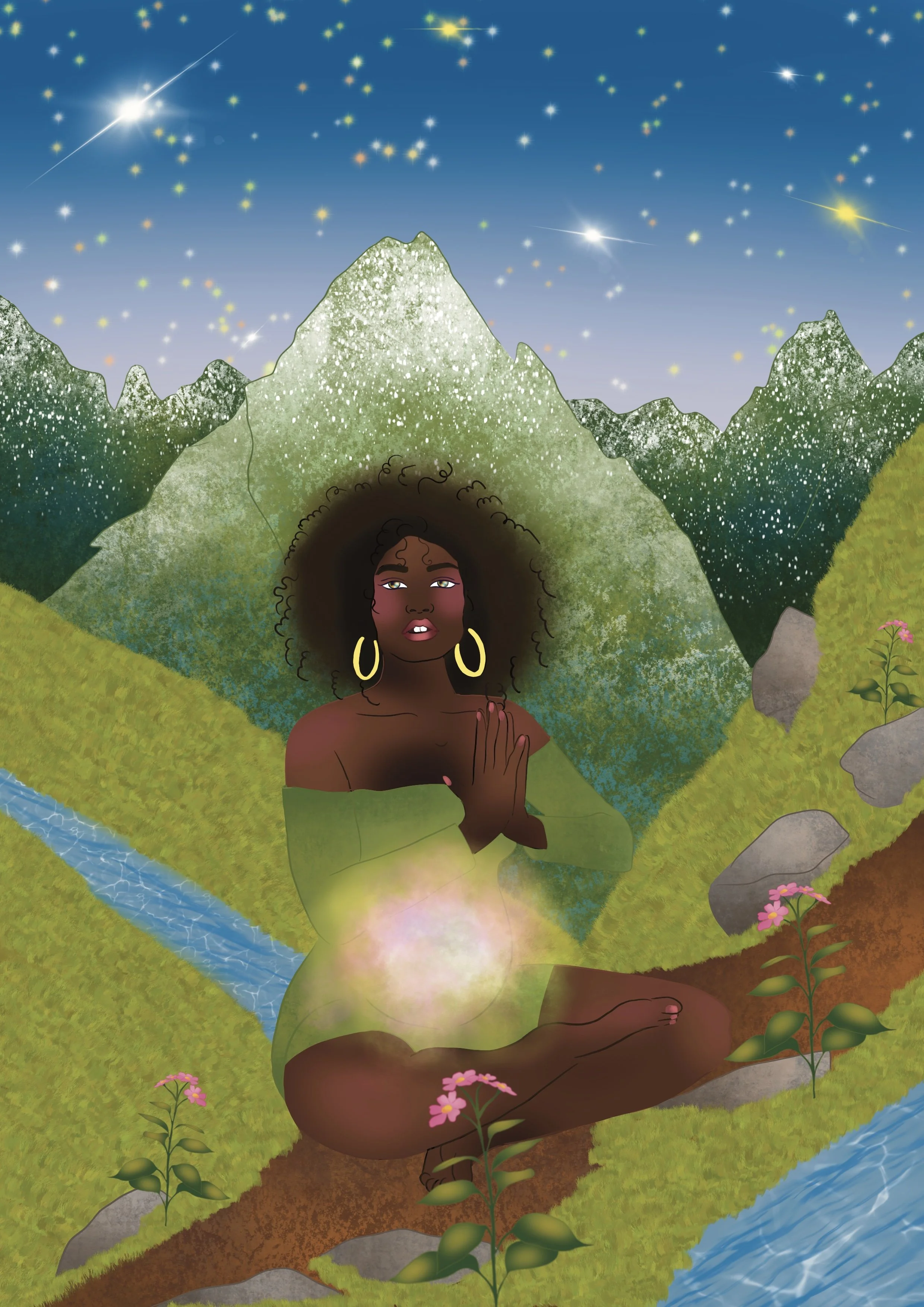 Digital illustration of a woman with dark skin and curly hair meditating in a lush, green outdoor setting. She is seated in a cross-legged position near a flowing river, surrounded by pink flowers and rocks. A mountain range rises in the background under a starry night sky with shooting stars.