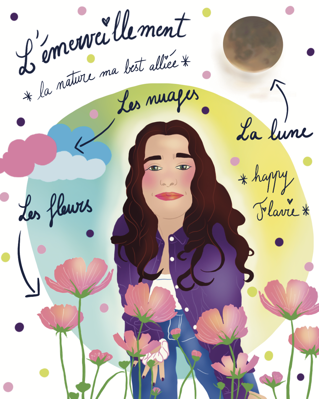 Colorful illustration featuring a woman with long, wavy brown hair, surrounded by pink flowers and handwritten notes about nature, night, and love, with a full moon in the background.