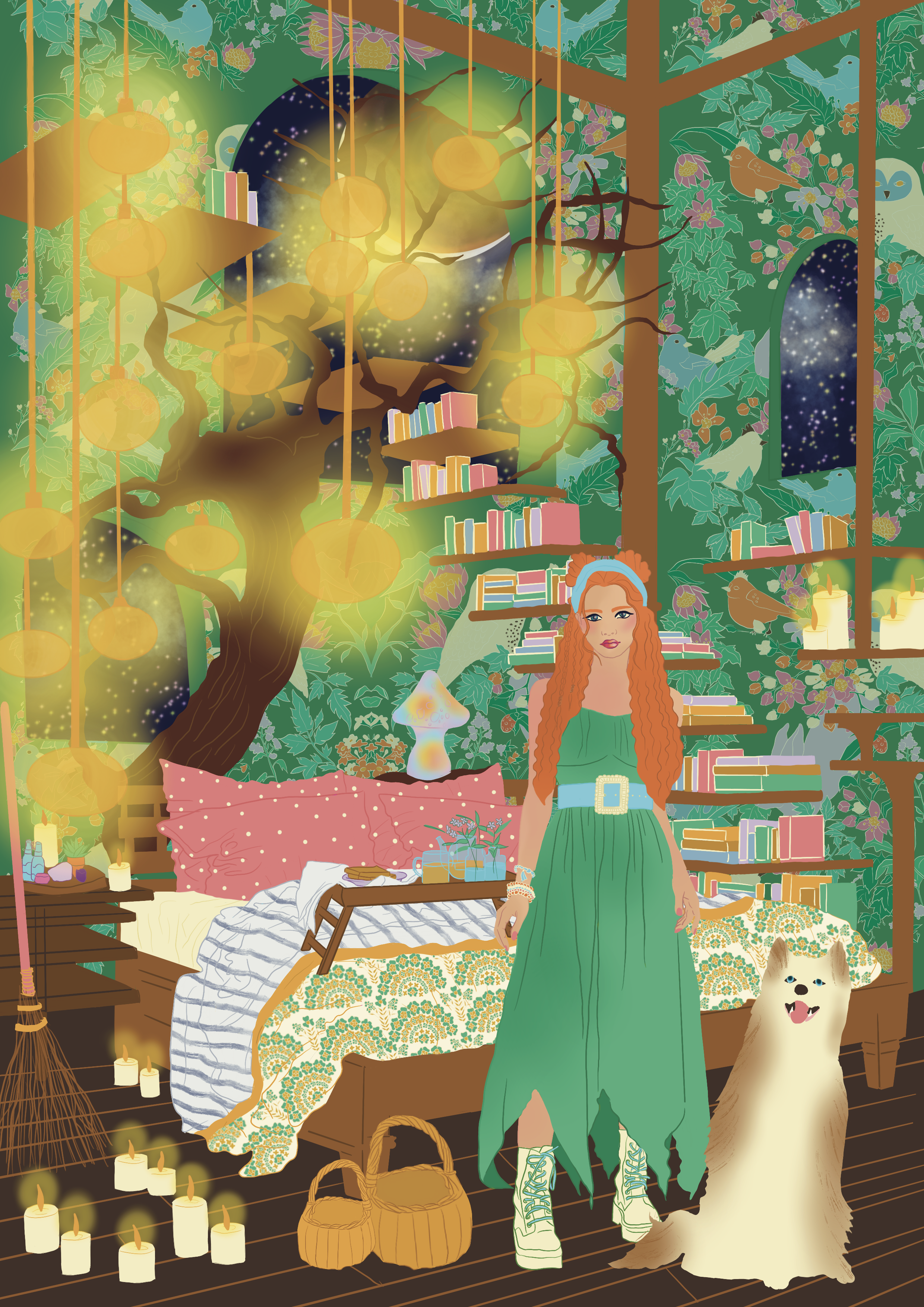 A young woman with long curly red hair, wearing a green dress and sneakers, stands inside a lush, cozy room decorated with plants, books, and candles. To her side, a large fluffy dog sits on the wooden floor. The room features a bed with polka dot be