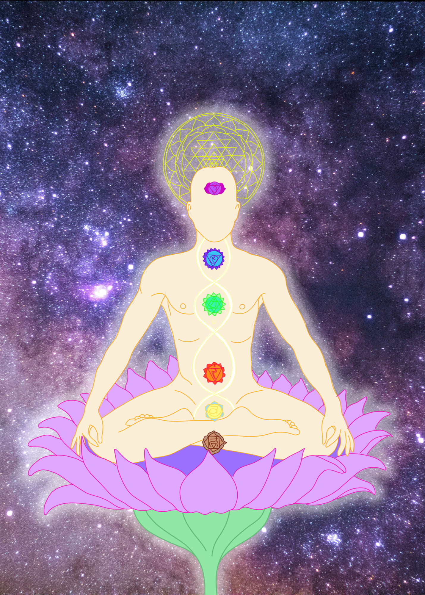 Illustration of a person in a meditative pose with chakra symbols aligned along the spine, sitting on a lotus flower against a galaxy background.