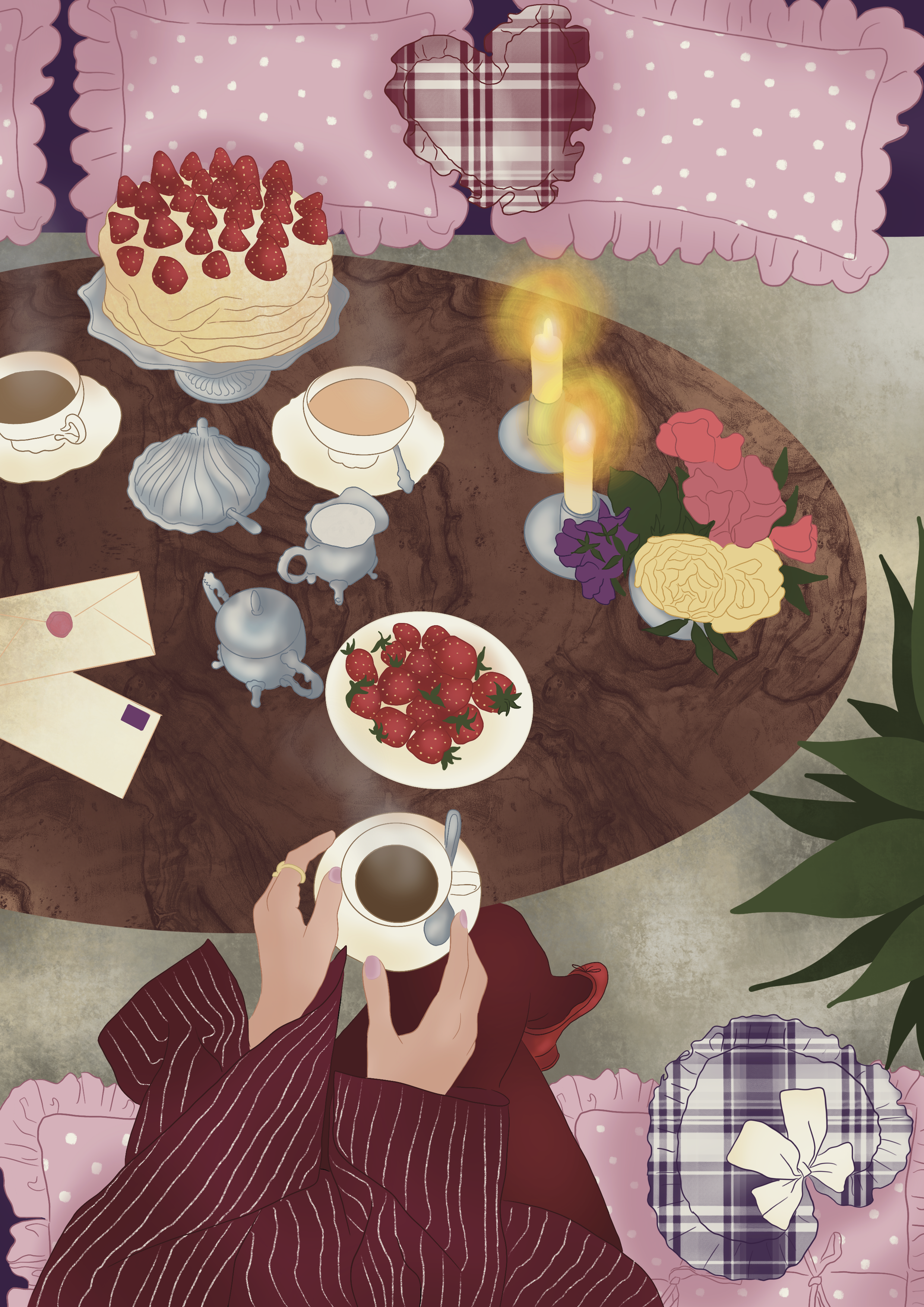 A person sitting on a pink, ruffled cushion at a round wooden table, holding a cup of coffee or tea. The table has a stack of pancakes topped with strawberries, a small dish of strawberries, a vintage teapot, coffee or tea cups, a lit candle, a bunch