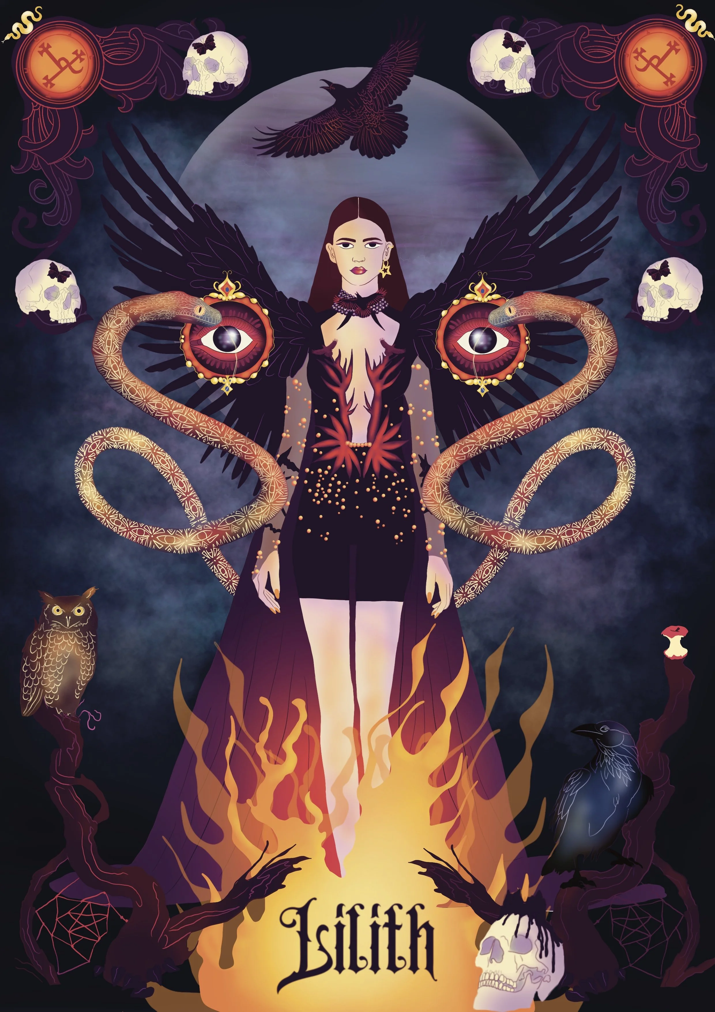 Digital artwork of a woman with long dark hair and piercing eyes, surrounded by black wings, snakes, skulls, ravens, and flames. Purple moon in the background with dark clouds.