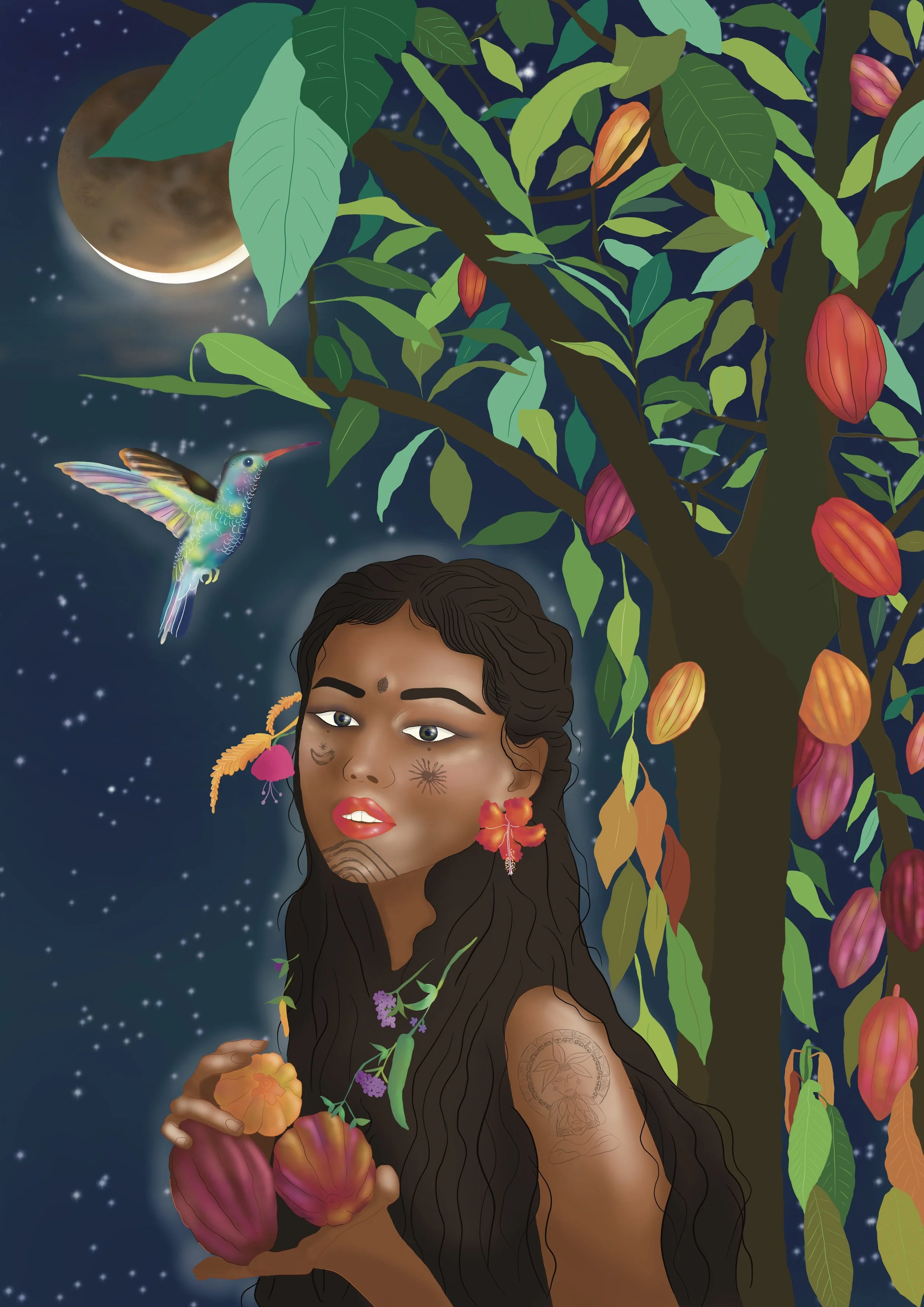 A digital illustration of a woman with long dark hair adorned with flowers, surrounded by a lush tree with colorful pods and leaves. A hummingbird is flying nearby under a starry night sky with a large moon.