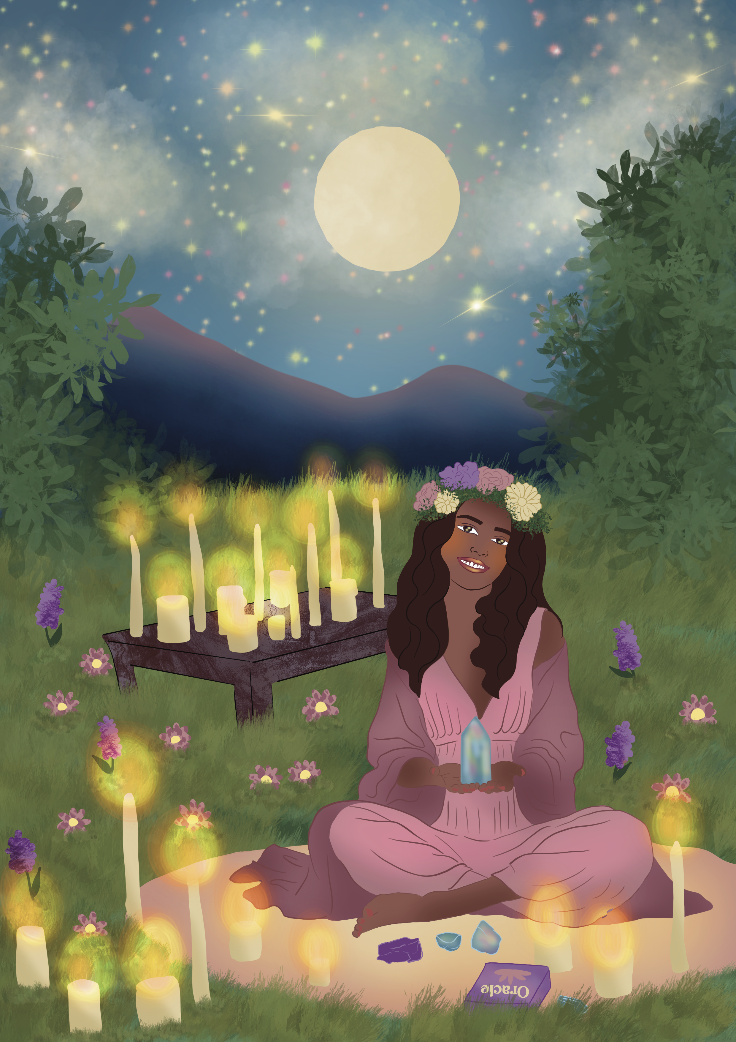 A woman with long dark hair, wearing a pink dress and a flower crown, is sitting cross-legged on green grass in a peaceful outdoor setting at night. She is holding a glowing crystal in her hands. Around her are glowing candles, purple and pink flower