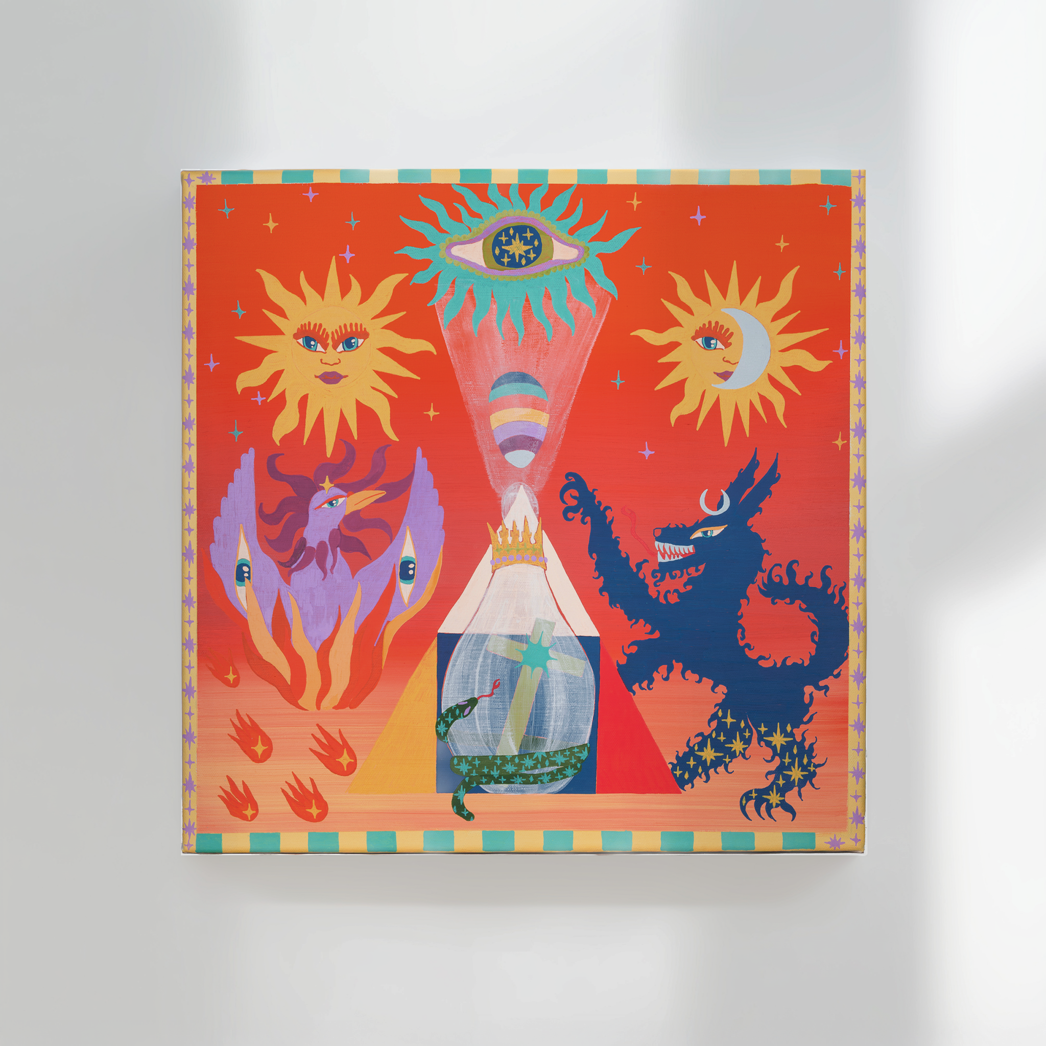 Colorful artwork featuring a central eye with rays, surrounded by sun and moon faces with eyes, fiery figures, and planets on a red background, bordered by a checkered and star pattern.