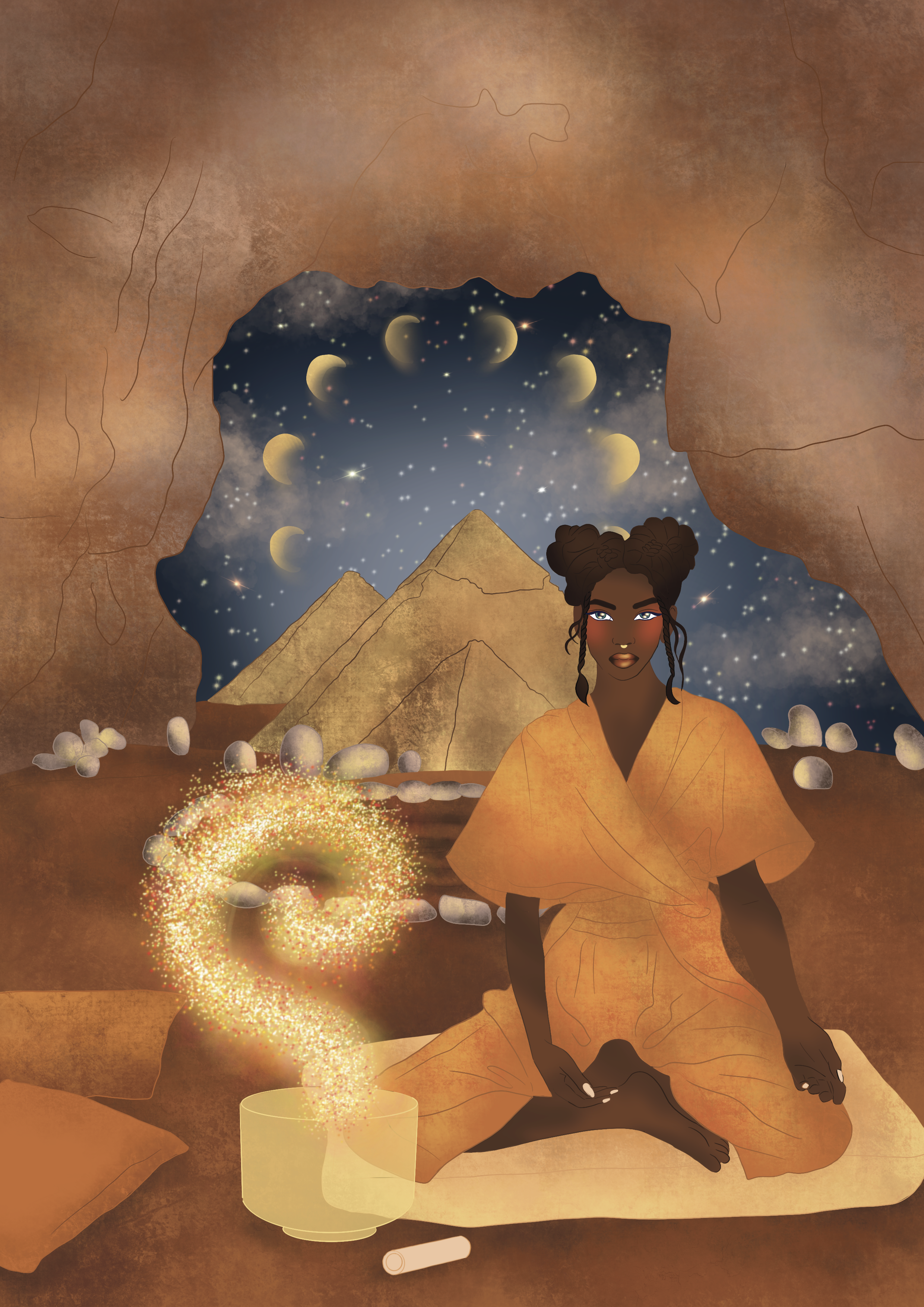 A woman with dark skin, wearing an orange dress, sitting cross-legged inside a cave with ancient Egyptian pyramids in the background. She is at the center of the image with a serene expression, surrounded by glowing mystical elements, including a circle of sparkling light and a cup of glowing powder emitting sparkling particles.