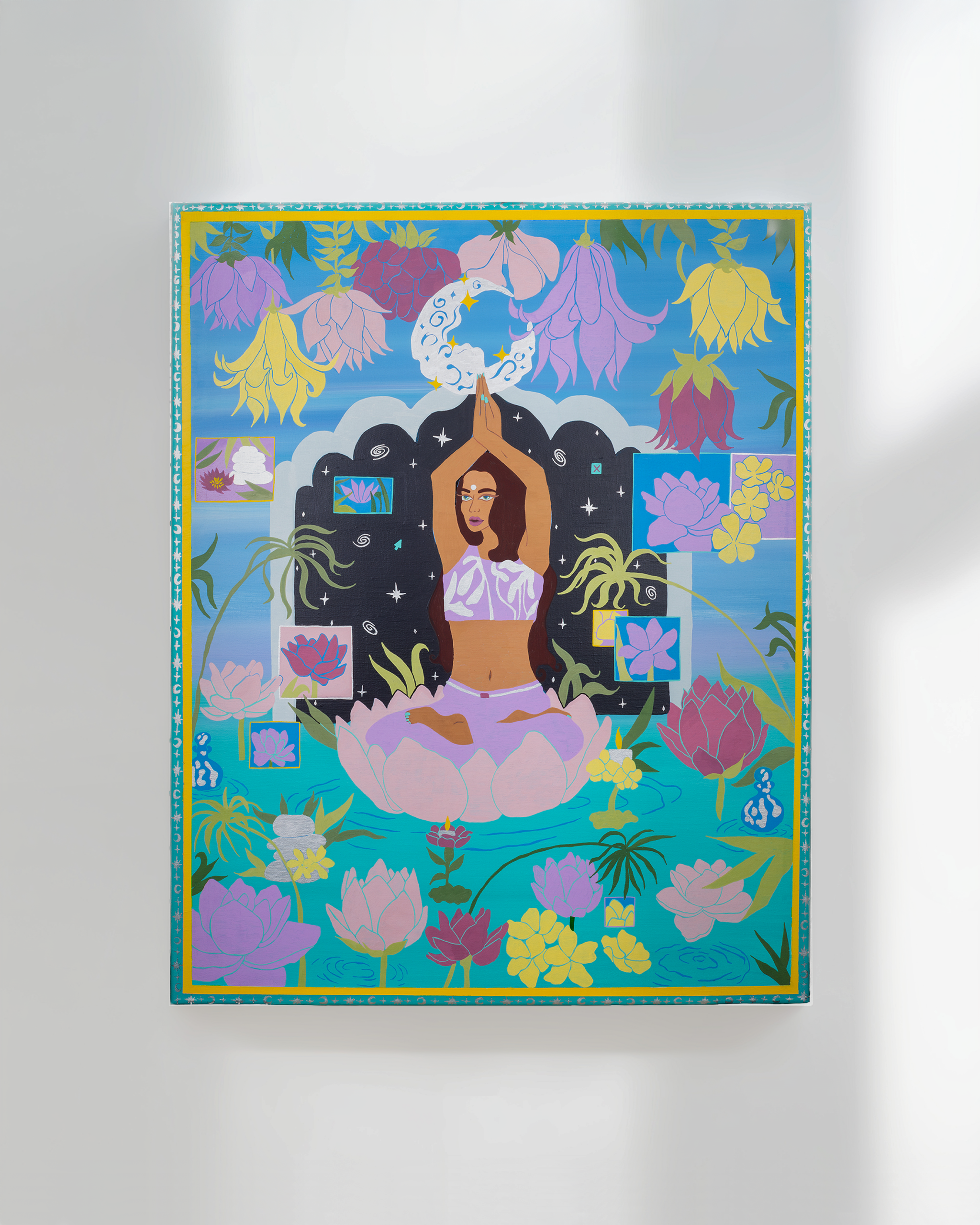 Colorful illustration featuring a woman with dark hair in a meditation pose, surrounded by flowers, the moon, and stars.