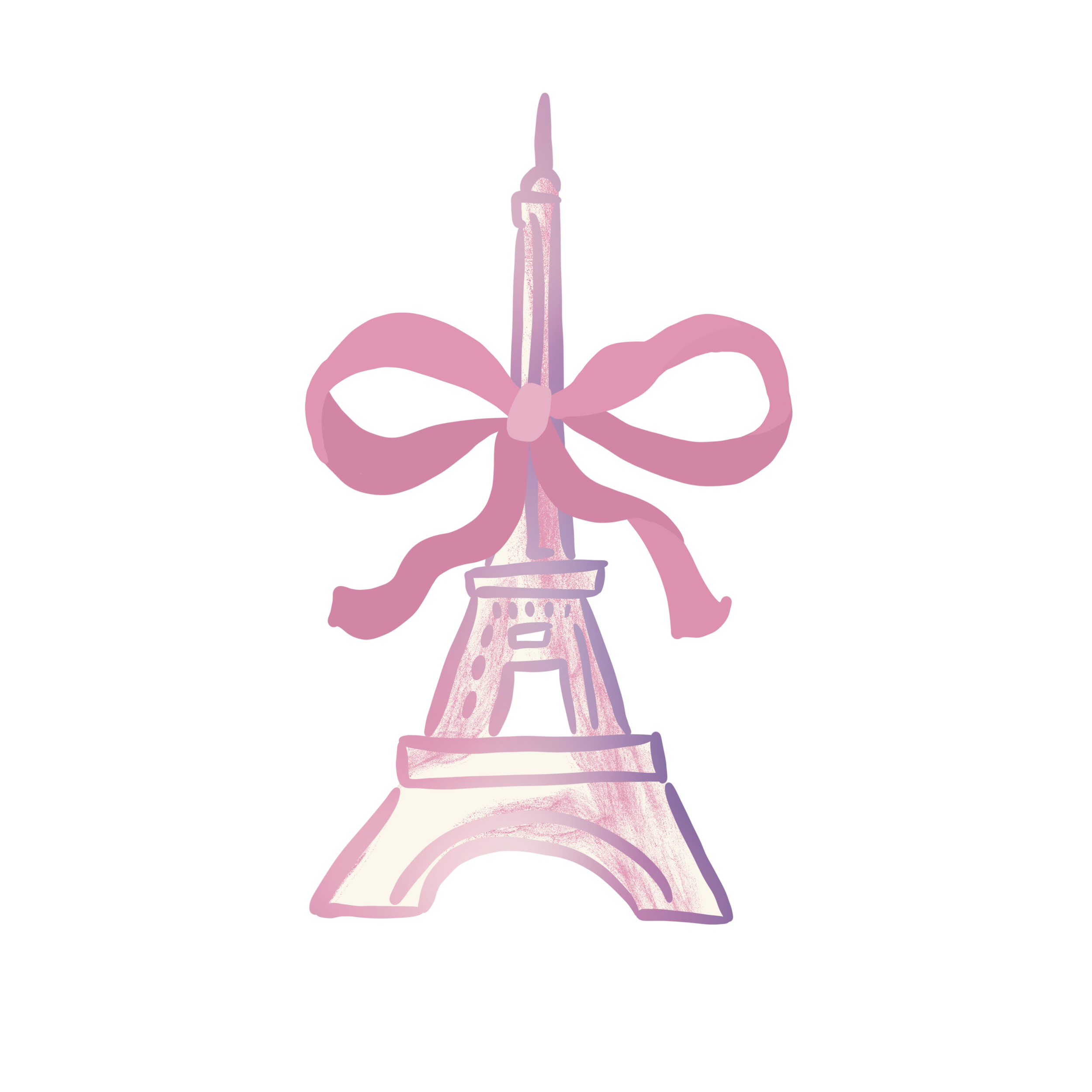 A pastel-colored illustration of the Eiffel Tower with pink ribbon tied around its middle, resembling a gift or decorative piece.