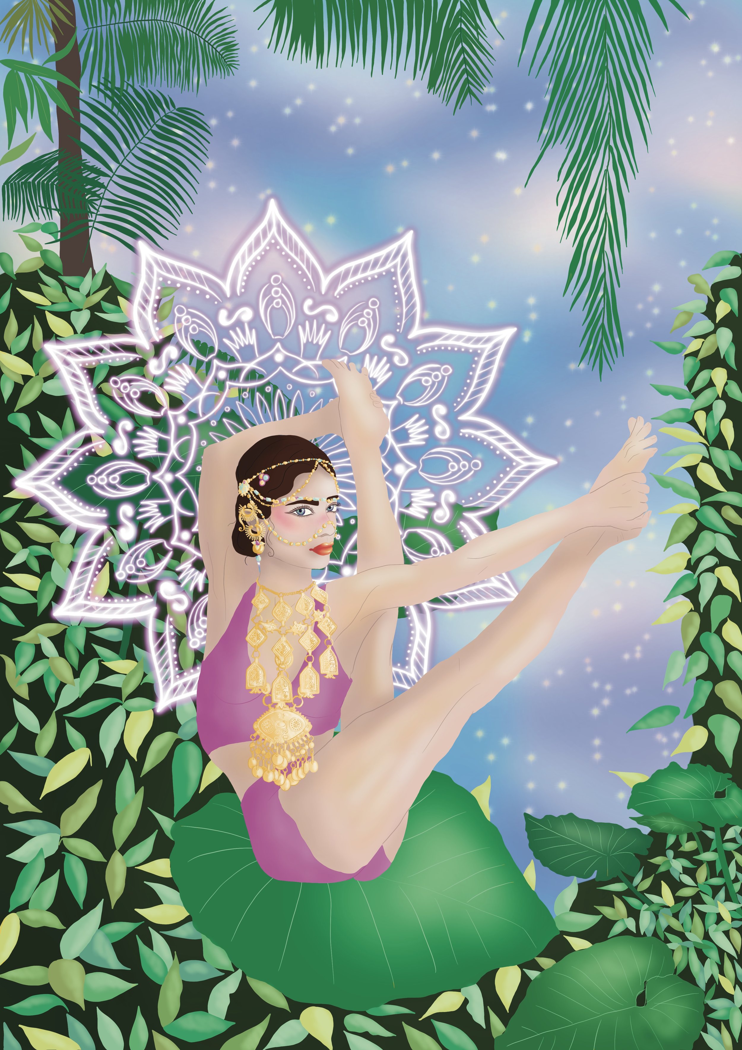 Digital illustration of a woman doing a dance pose in a lush jungle setting, surrounded by green leaves and plants, with a glowing mandala pattern in the background, and starry sky above.