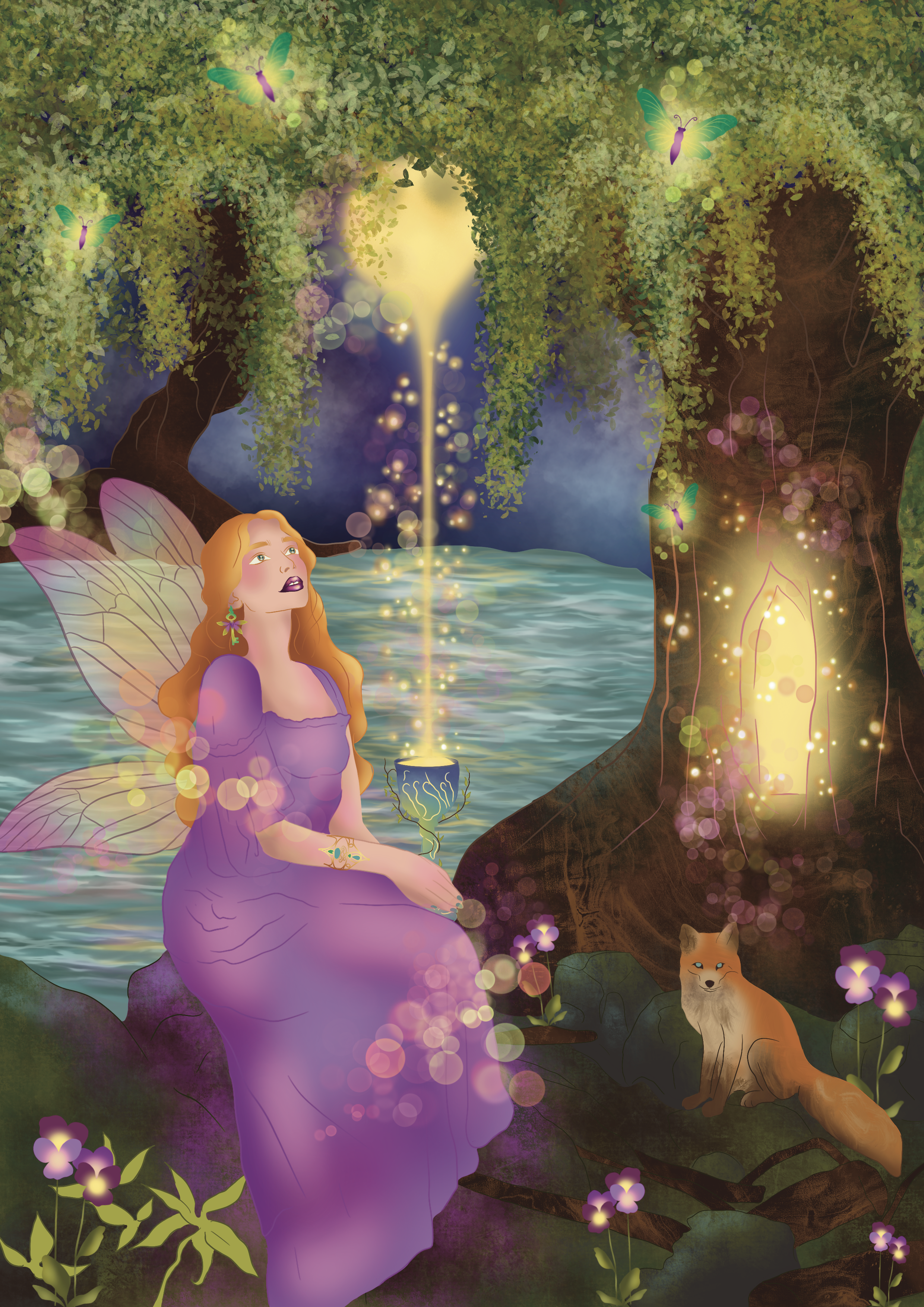 A fairy with orange hair and purple dress sitting by a waterfall in a lush forest, surrounded by glowing butterflies, flowers, and a fox resting near a large tree.