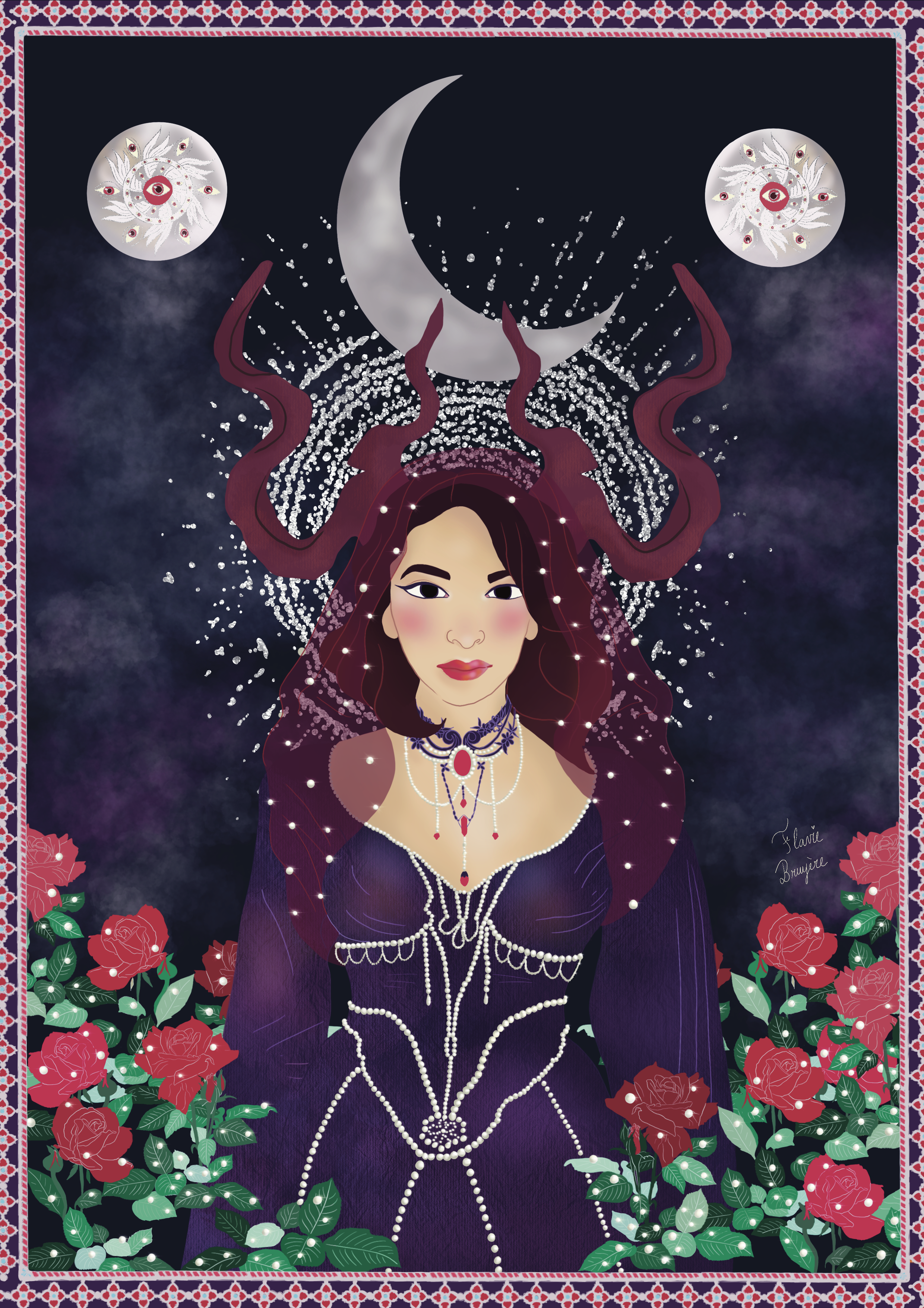 A woman with long dark hair in a dark purple dress, surrounded by red roses and green leaves, with a crescent moon and white ash or snow particles in the background, wearing jewelry and with a decorative border.