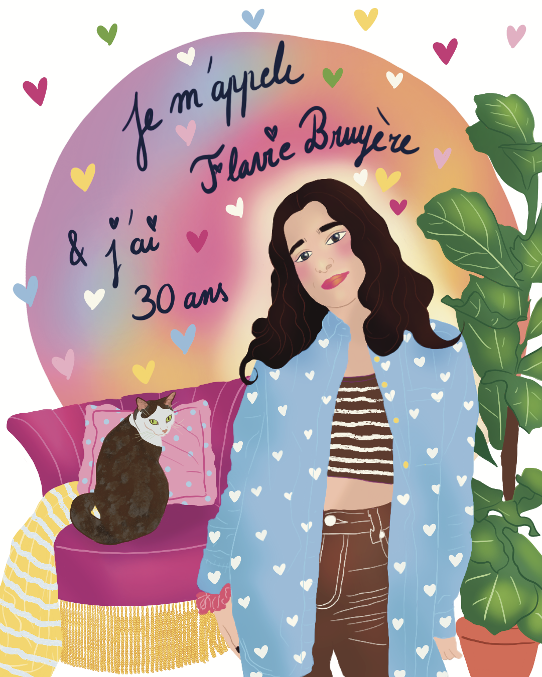 Illustration of a woman with dark wavy hair, wearing a blue jacket with white hearts, and a striped crop top. She is standing next to a large potted plant and a pink couch with a cat sitting on it. Behind her is a colorful rainbow background with Fre