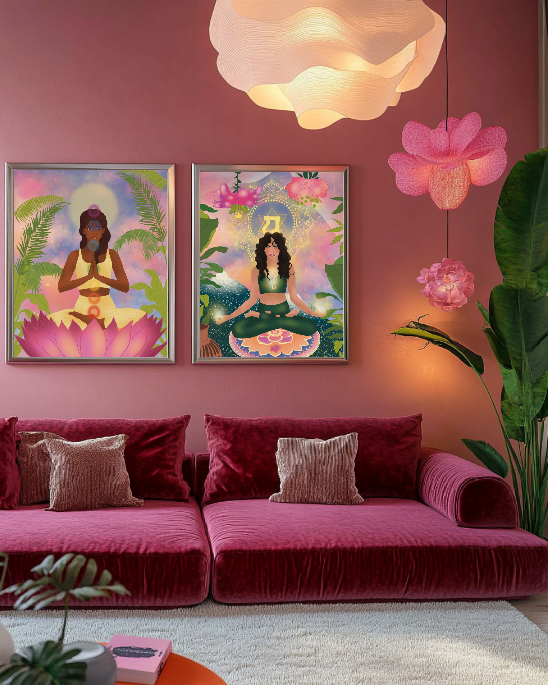 Decorative living room with pink walls, featuring two framed spiritual artwork of women meditating, surrounded by tropical plants and pink floral decorations, with a deep pink velvet sofa and various cushions.