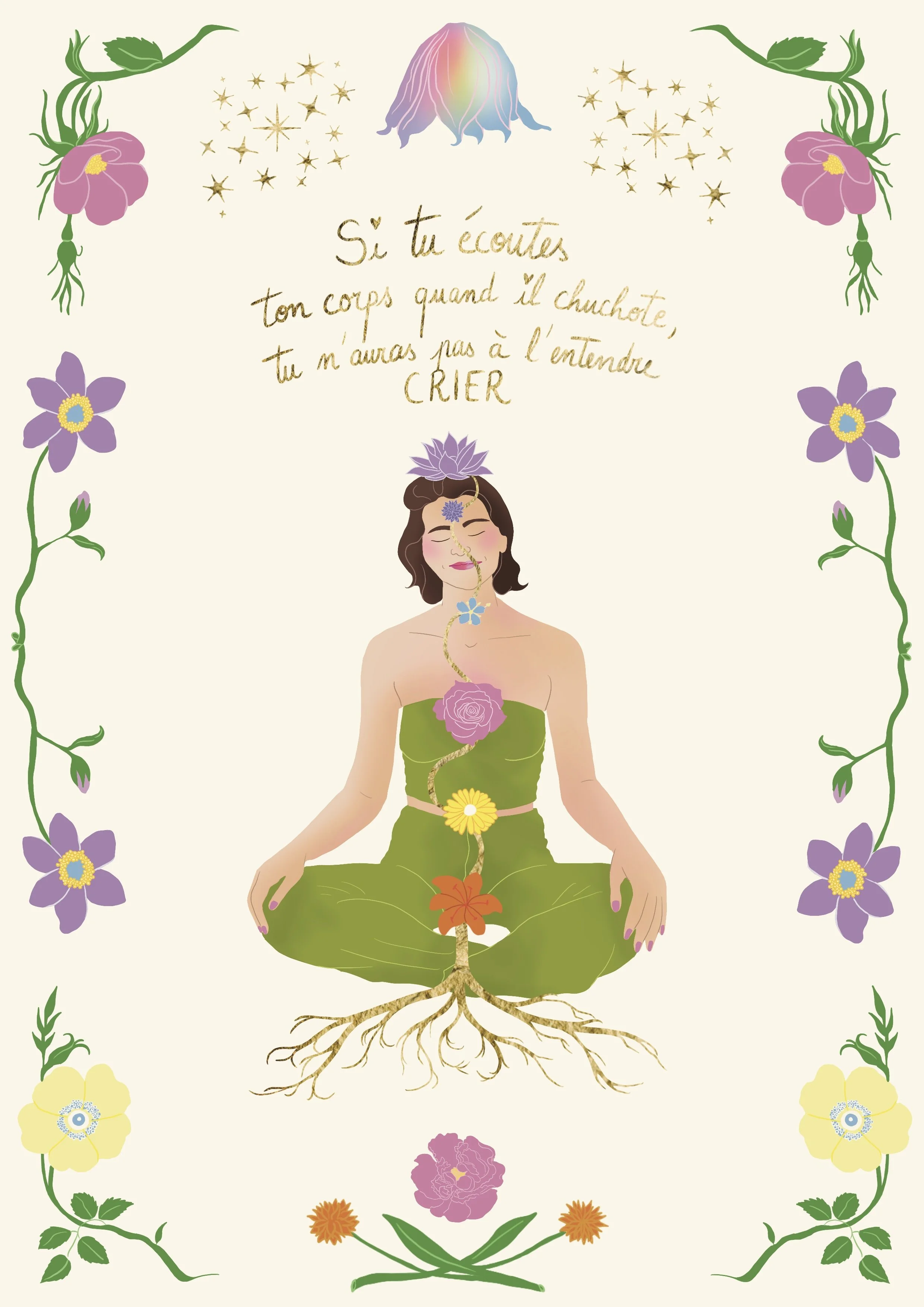 A woman in a green dress meditating in a lotus position with her eyes closed, surrounded by flowers and vines, with a quote in French above her about listening and understanding.