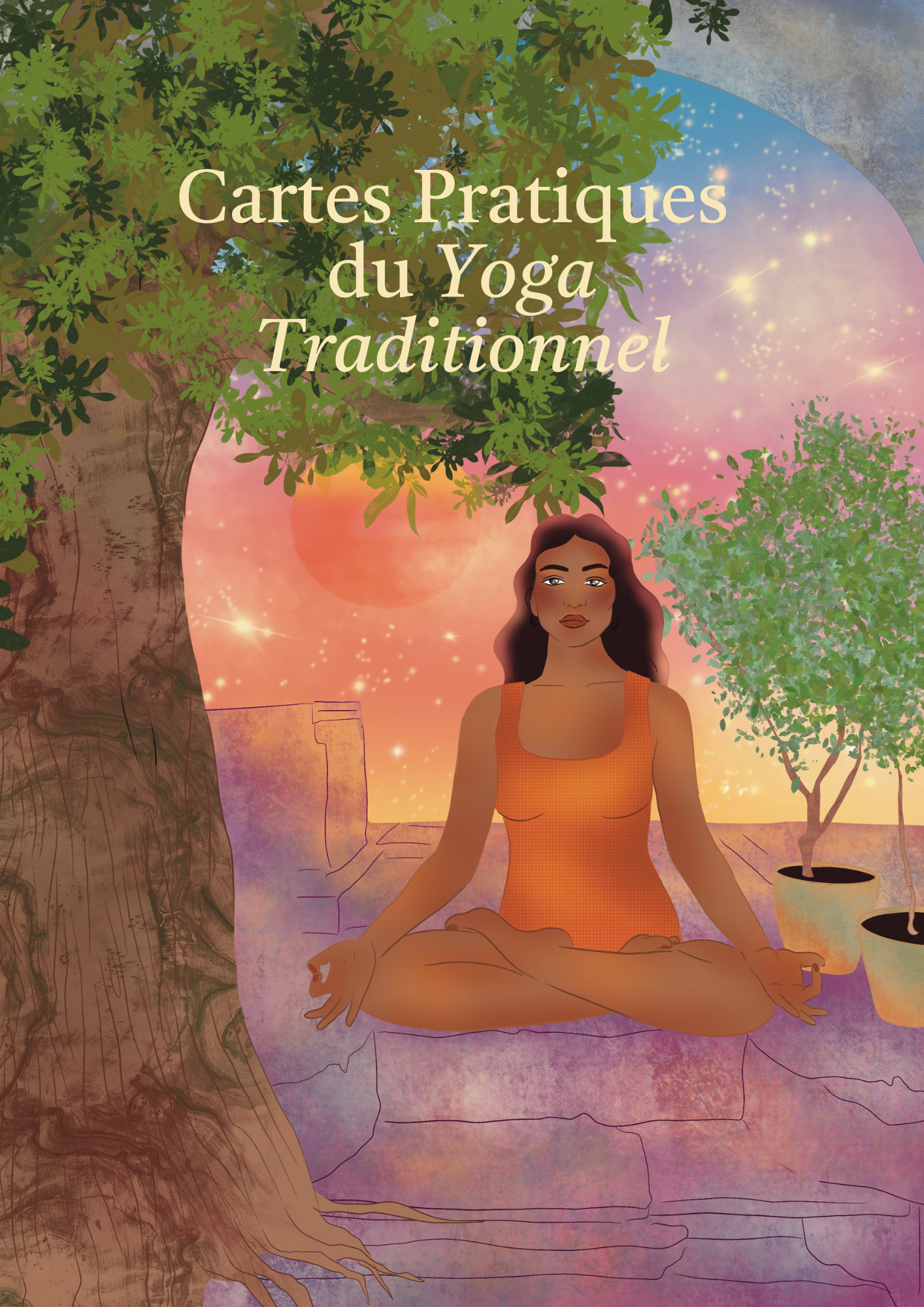 An illustrated scene of a woman practicing yoga outdoors during sunset, surrounded by trees and potted plants, with a colorful sky and sparkling lights.