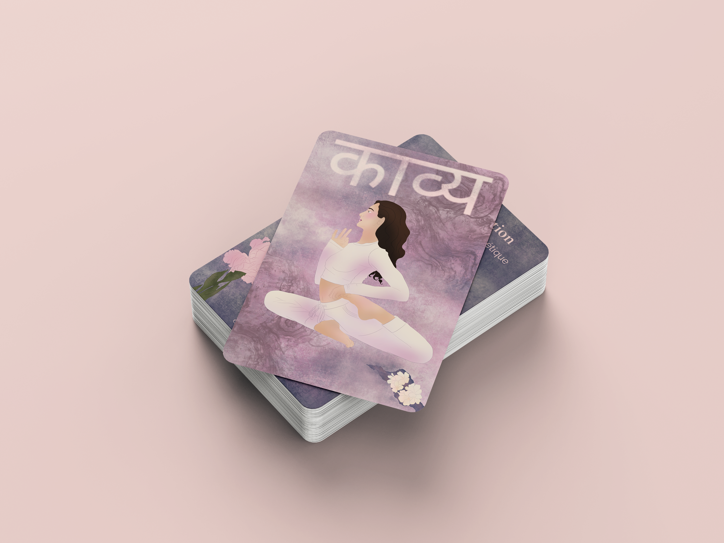 Stack of postcards or flyers, with the visible top one featuring an illustration of a woman practicing yoga or meditation, surrounded by soft pink and purple tones, with floral accents and Asian script characters.